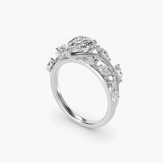 Floral Side Stone Diamond Engagement Ring In Platinum By James Allen - Pear Center