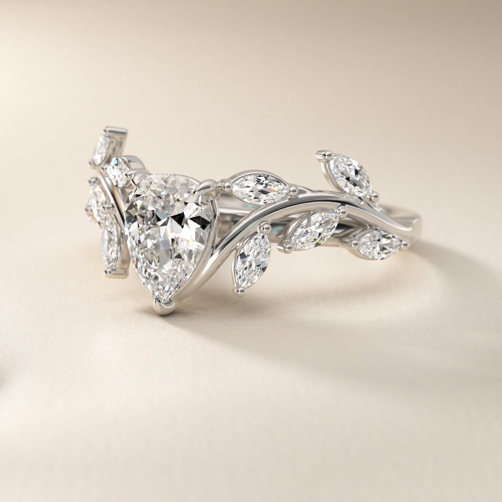Floral Side Stone Diamond Engagement Ring In Platinum By James Allen - Pear Center