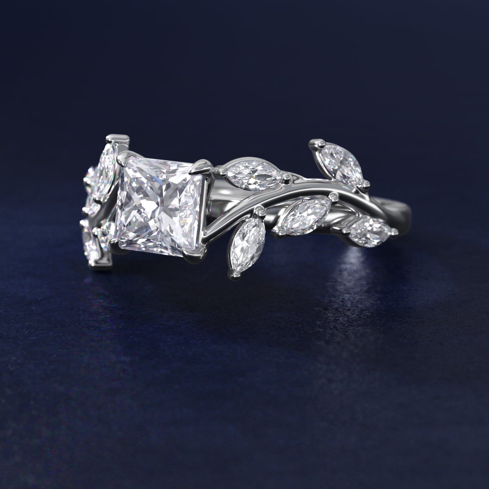 Floral Side Stone Diamond Engagement Ring In 14K White Gold By James Allen - Princess Center