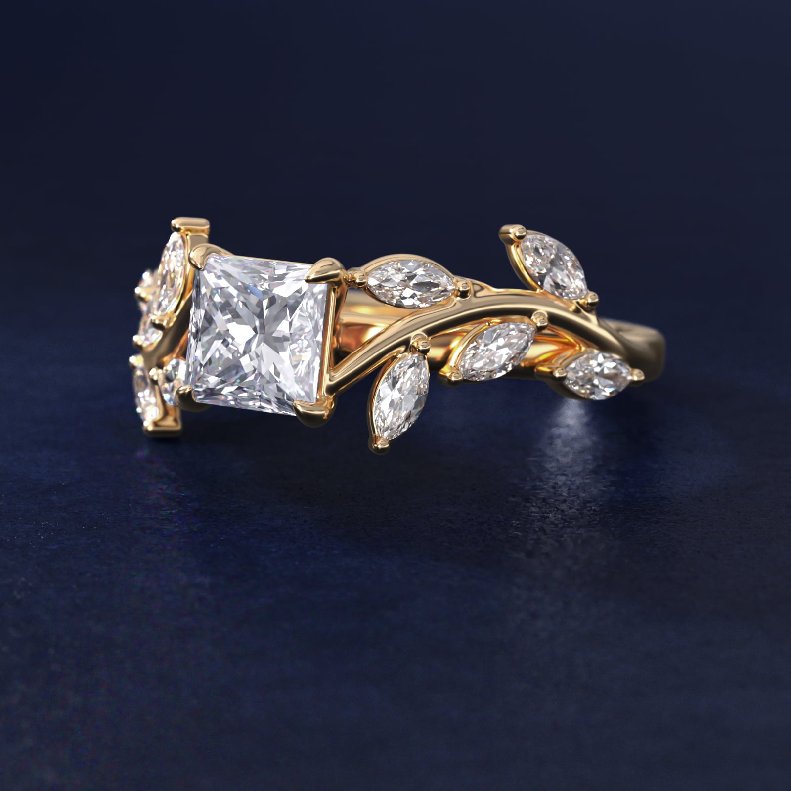Floral Side Stone Diamond Engagement Ring In 14K Yellow Gold By James Allen - Princess Center