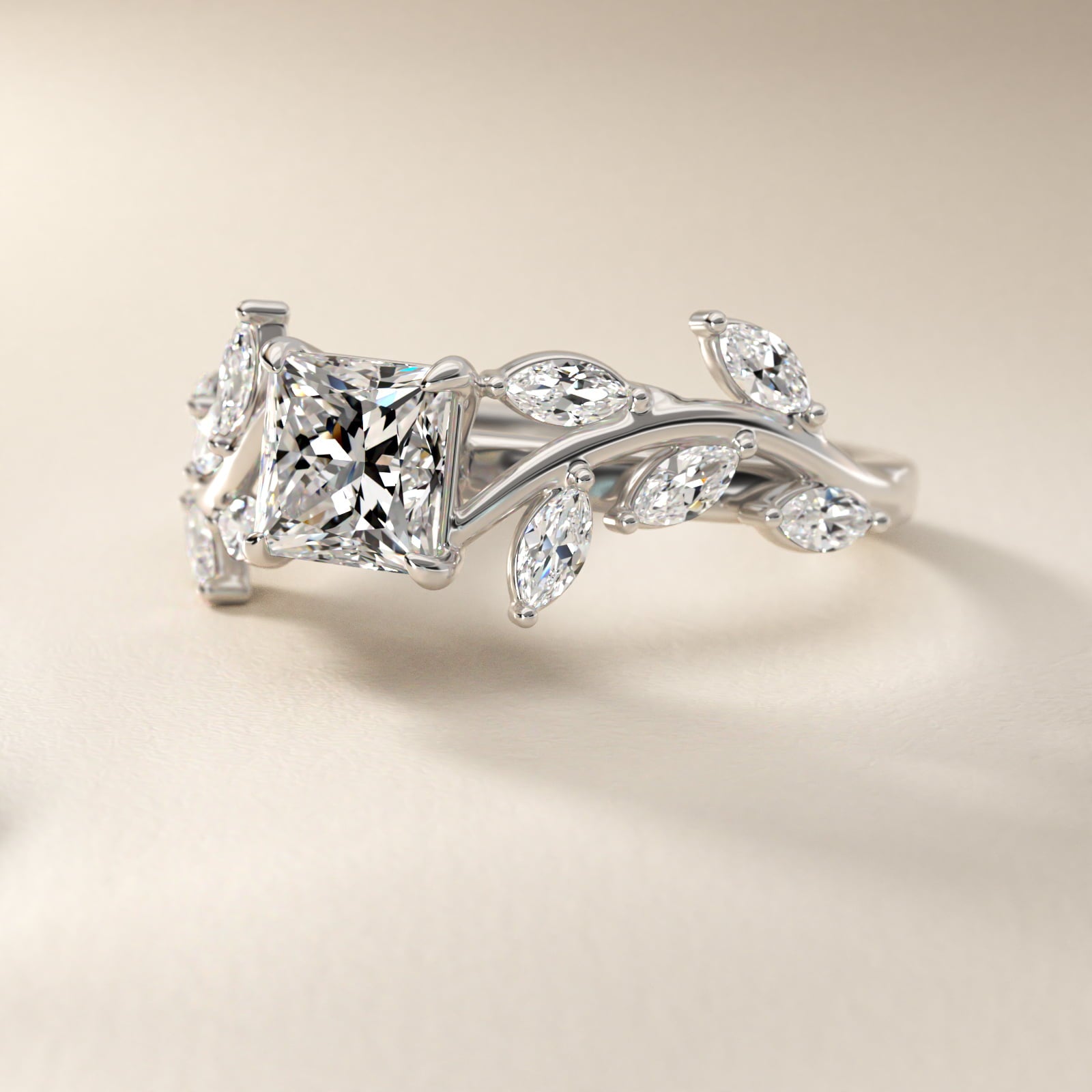 Floral Side Stone Diamond Engagement Ring In Platinum By James Allen - Princess Center