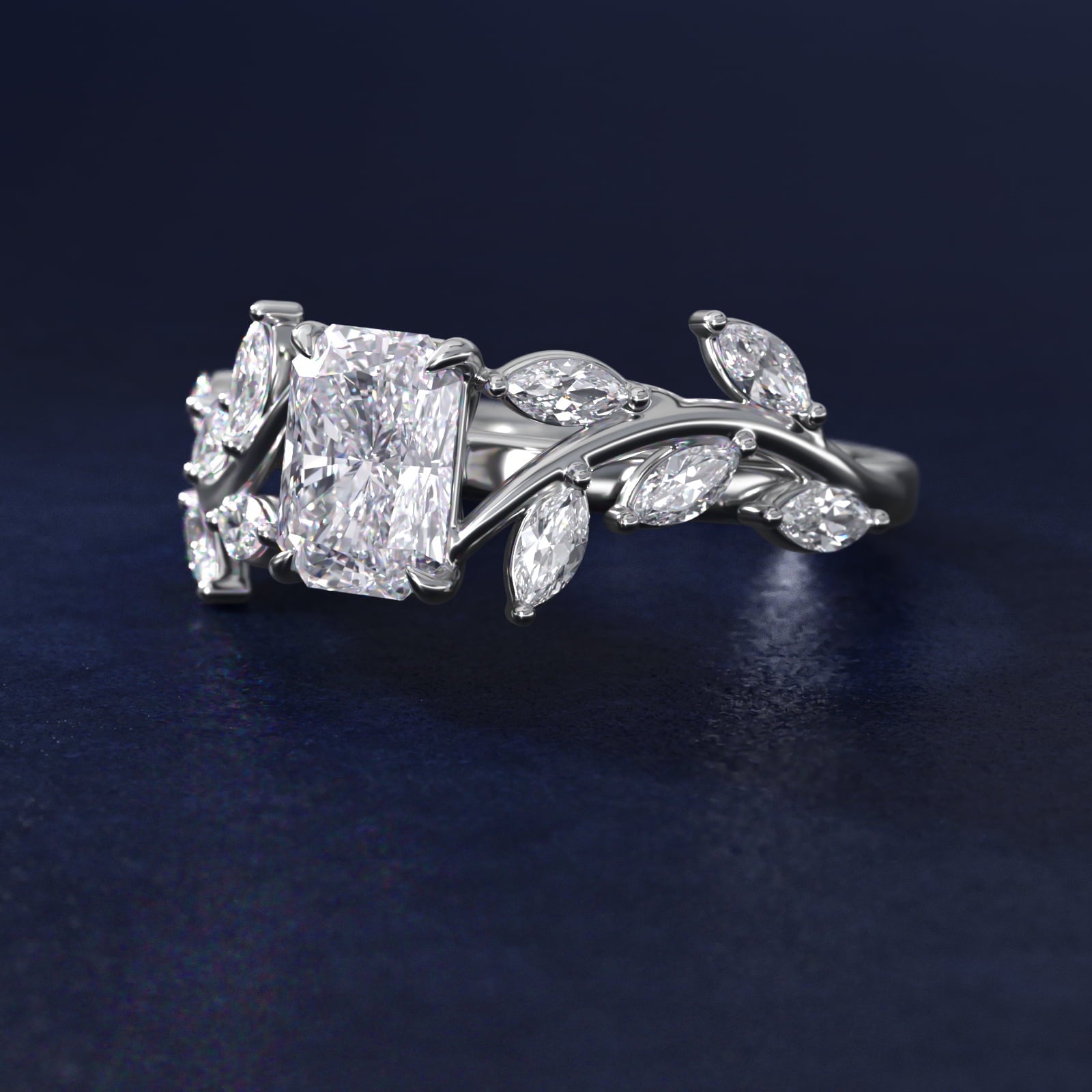 Floral Side Stone Diamond Engagement Ring In 18k White Gold By James Allen - Radiant Center