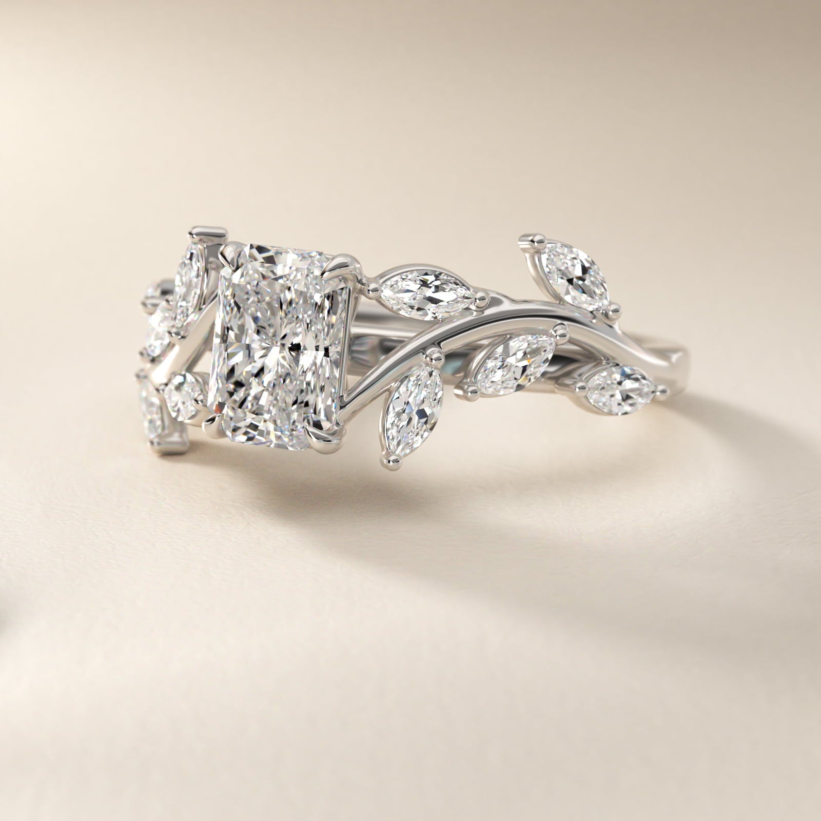Floral Side Stone Diamond Engagement Ring In Platinum By James Allen - Radiant Center