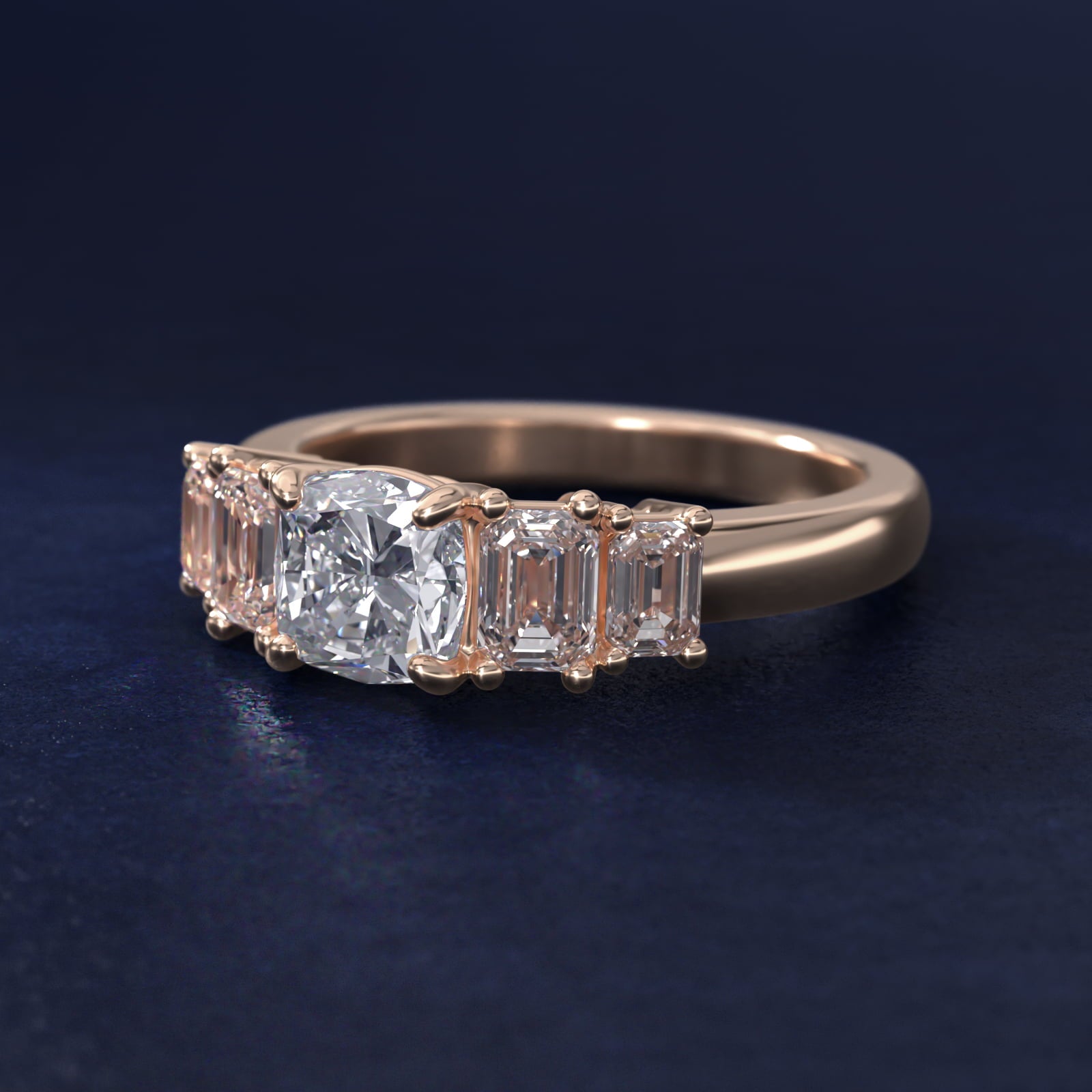 Four Stone Emerald Diamond Engagement Ring in 14k Rose Gold - Cushion Center