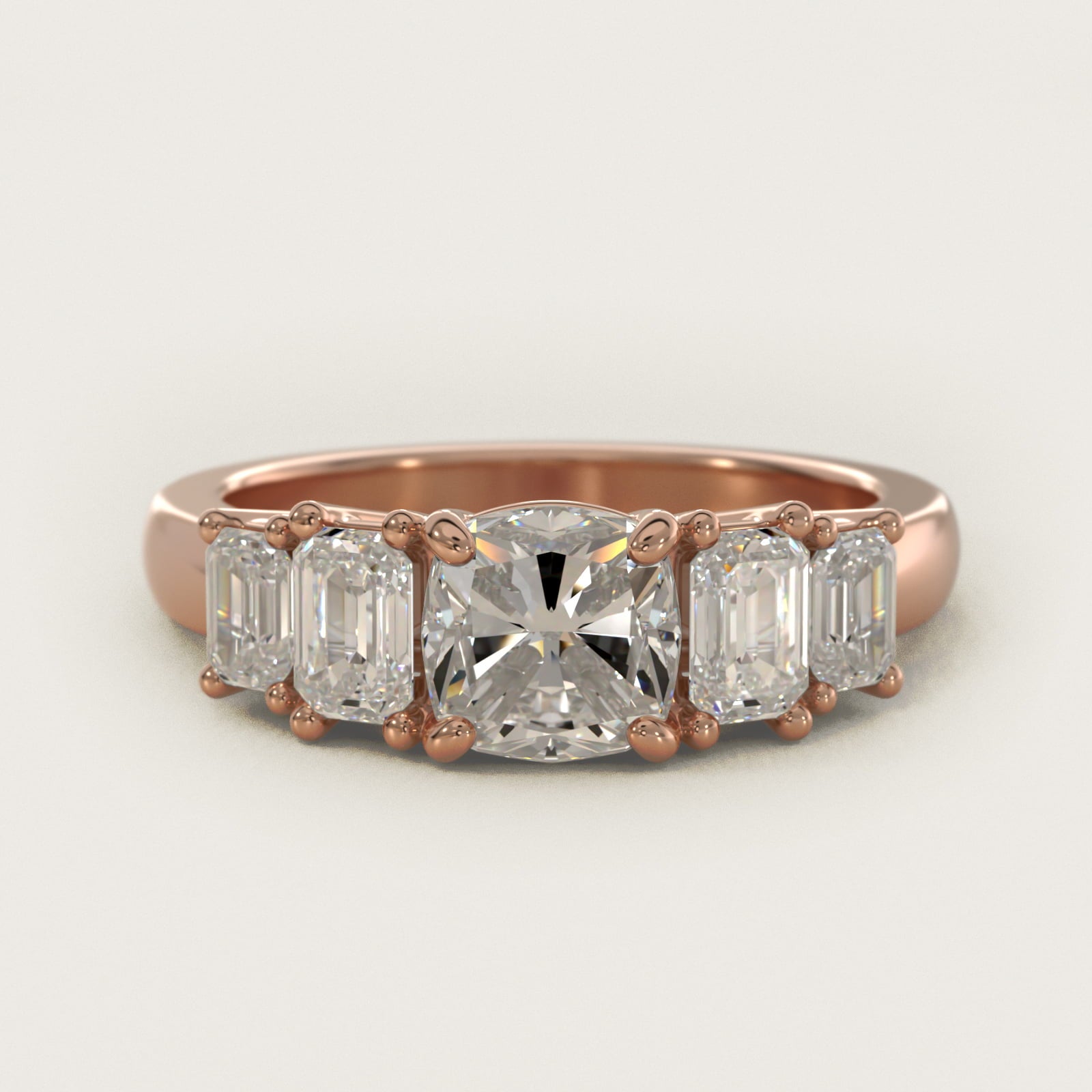 Four Stone Emerald Diamond Engagement Ring in 18k Rose Gold - Cushion Center