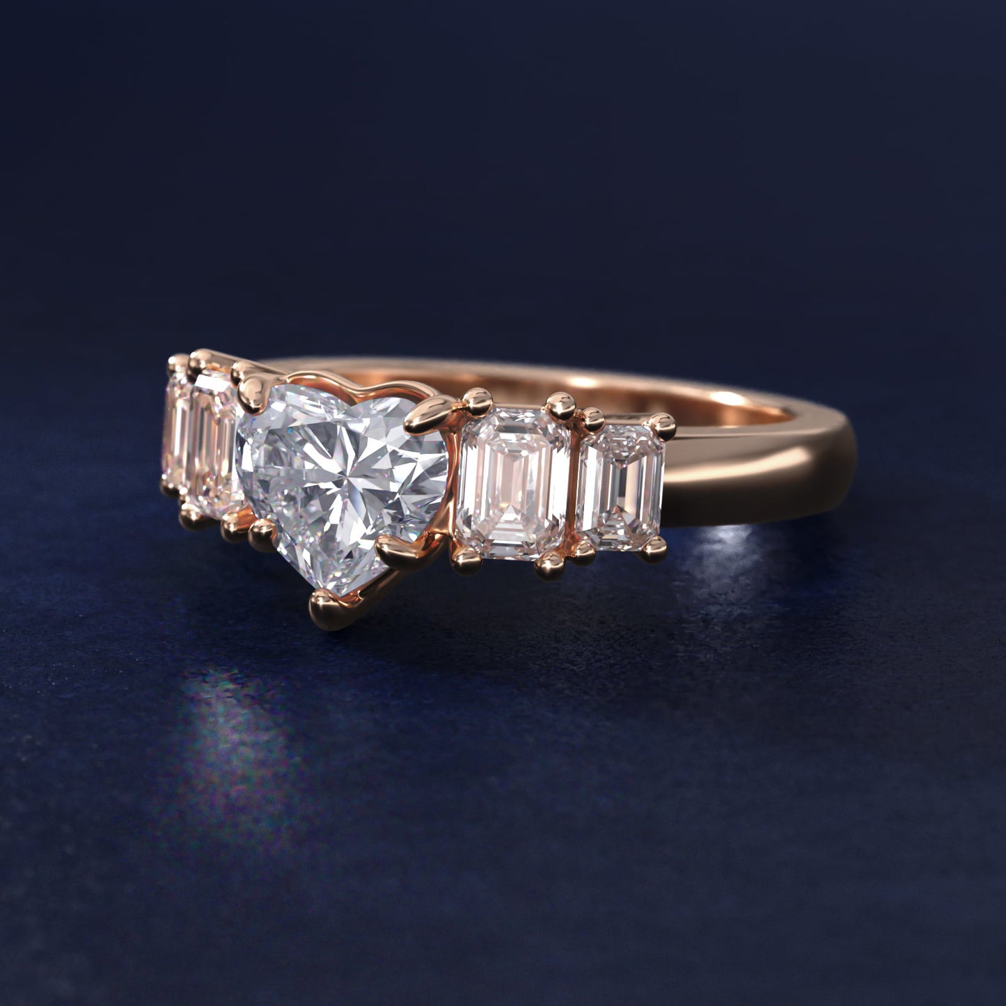 Four Stone Emerald Diamond Engagement Ring in 18k Rose Gold - Heart Center