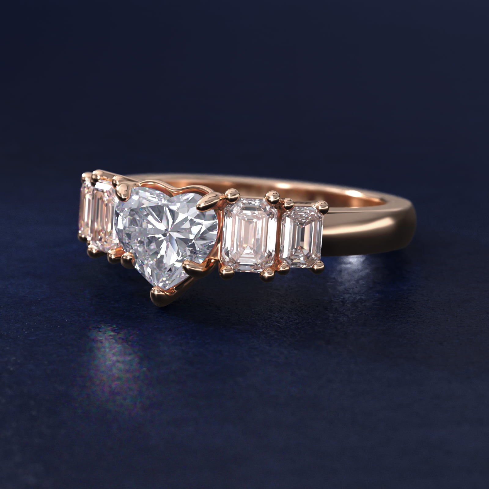 Four Stone Emerald Diamond Engagement Ring in 18k Rose Gold - Heart Center