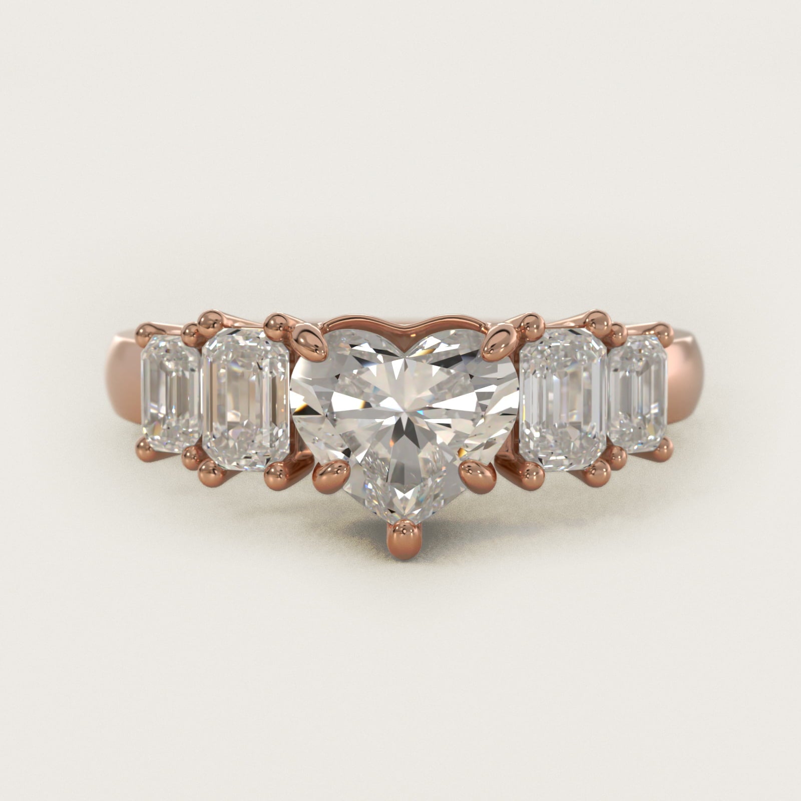 Four Stone Emerald Diamond Engagement Ring in 14k Rose Gold - Heart Center