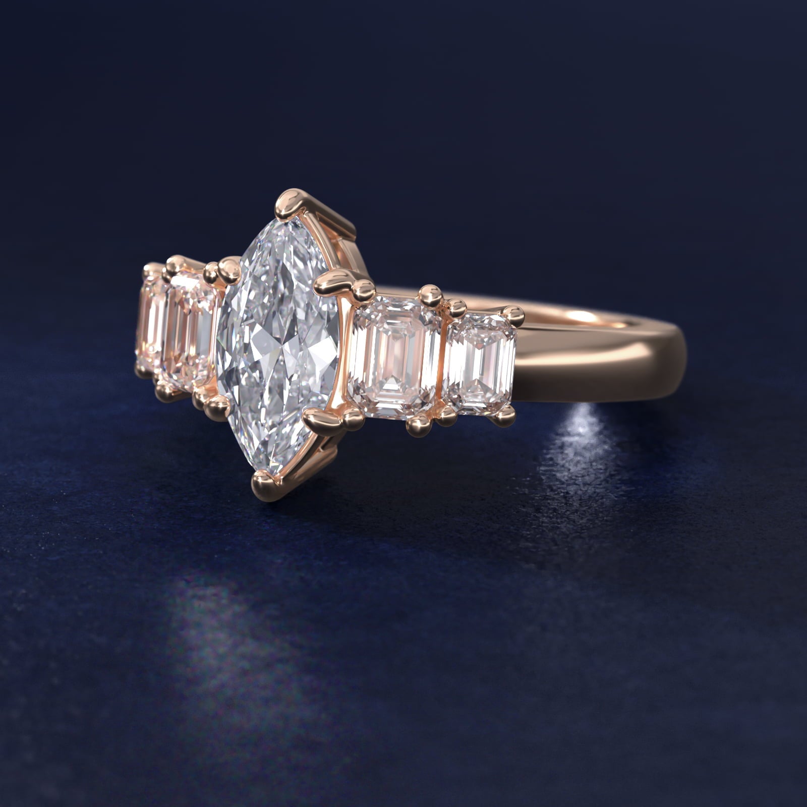 Four Stone Emerald Diamond Engagement Ring in 18k Rose Gold - Marquise Center