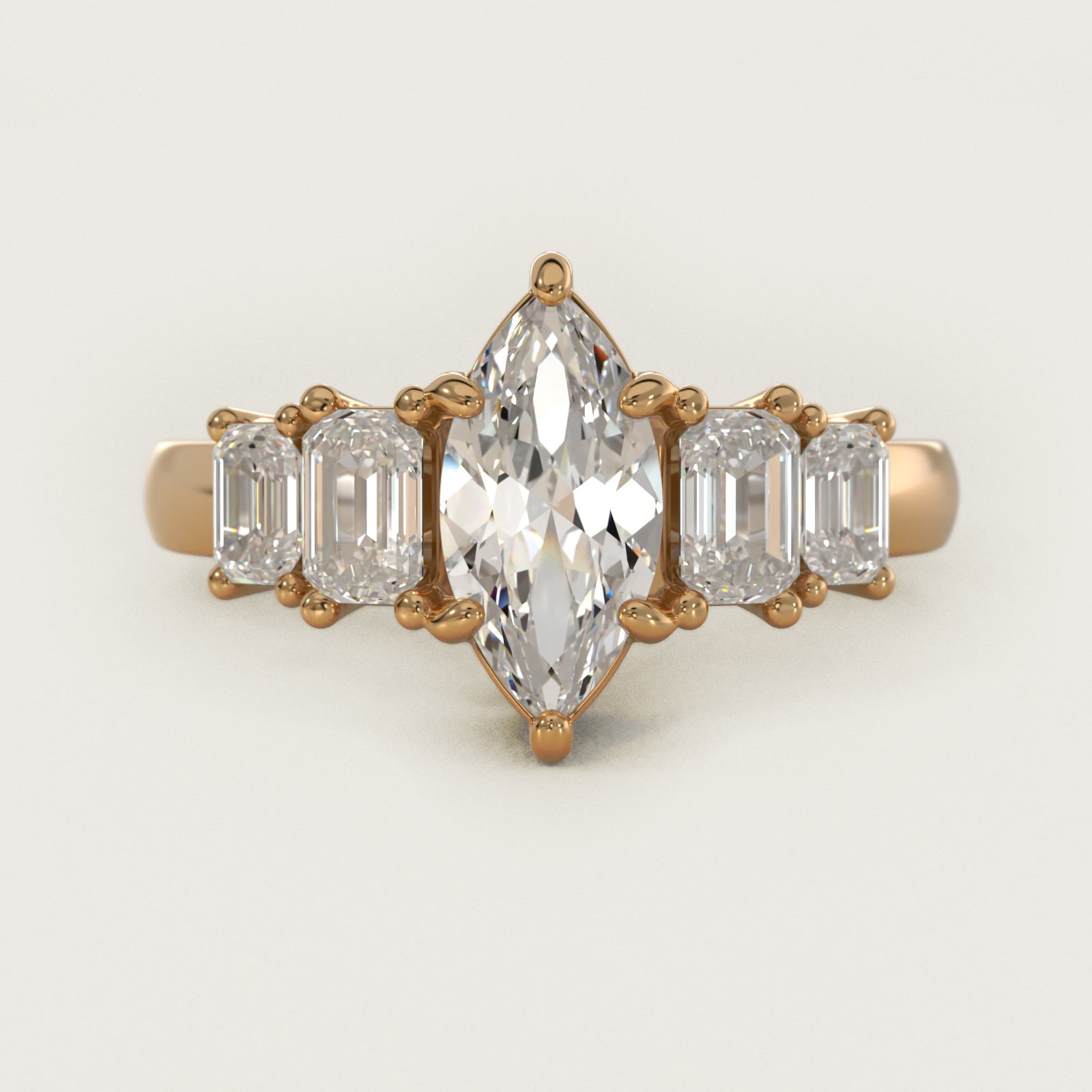 Four Stone Emerald Diamond Engagement Ring in 14K Yellow Gold - Marquise Center