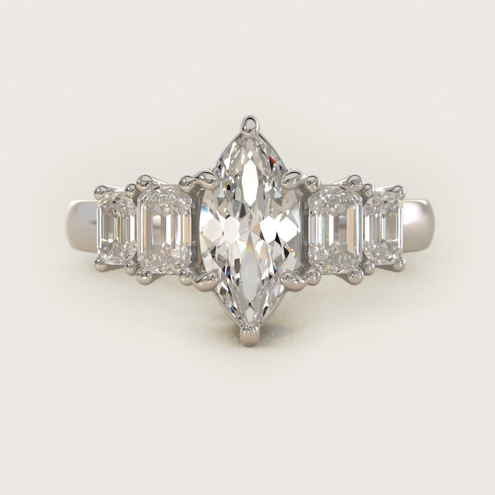 Four Stone Emerald Diamond Engagement Ring in Platinum - Marquise Center