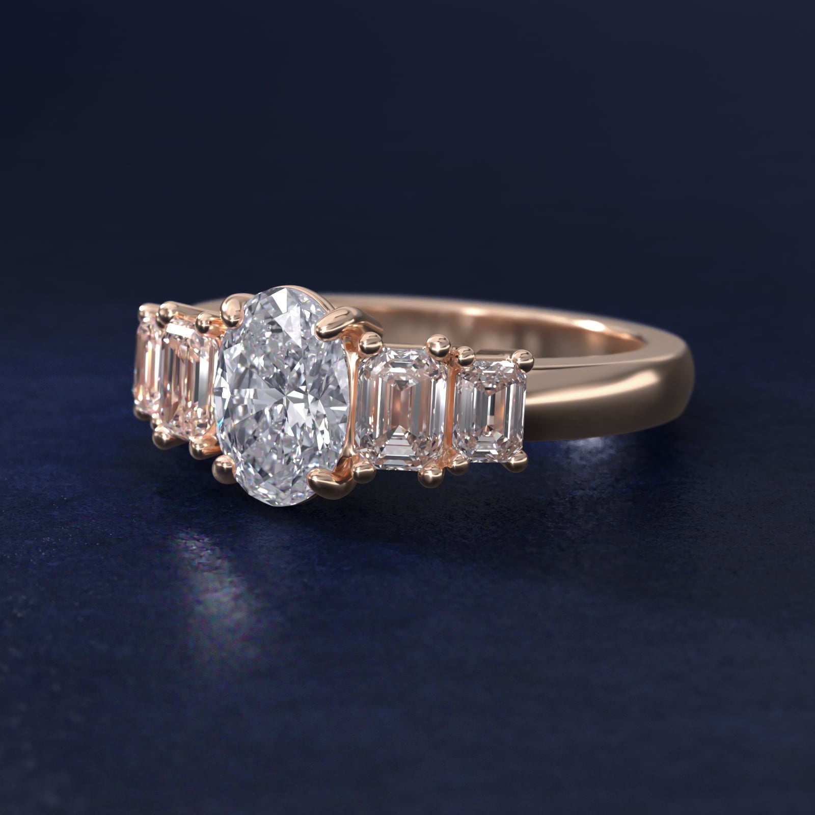 Four Stone Emerald Diamond Engagement Ring in 18k Rose Gold - Oval Center