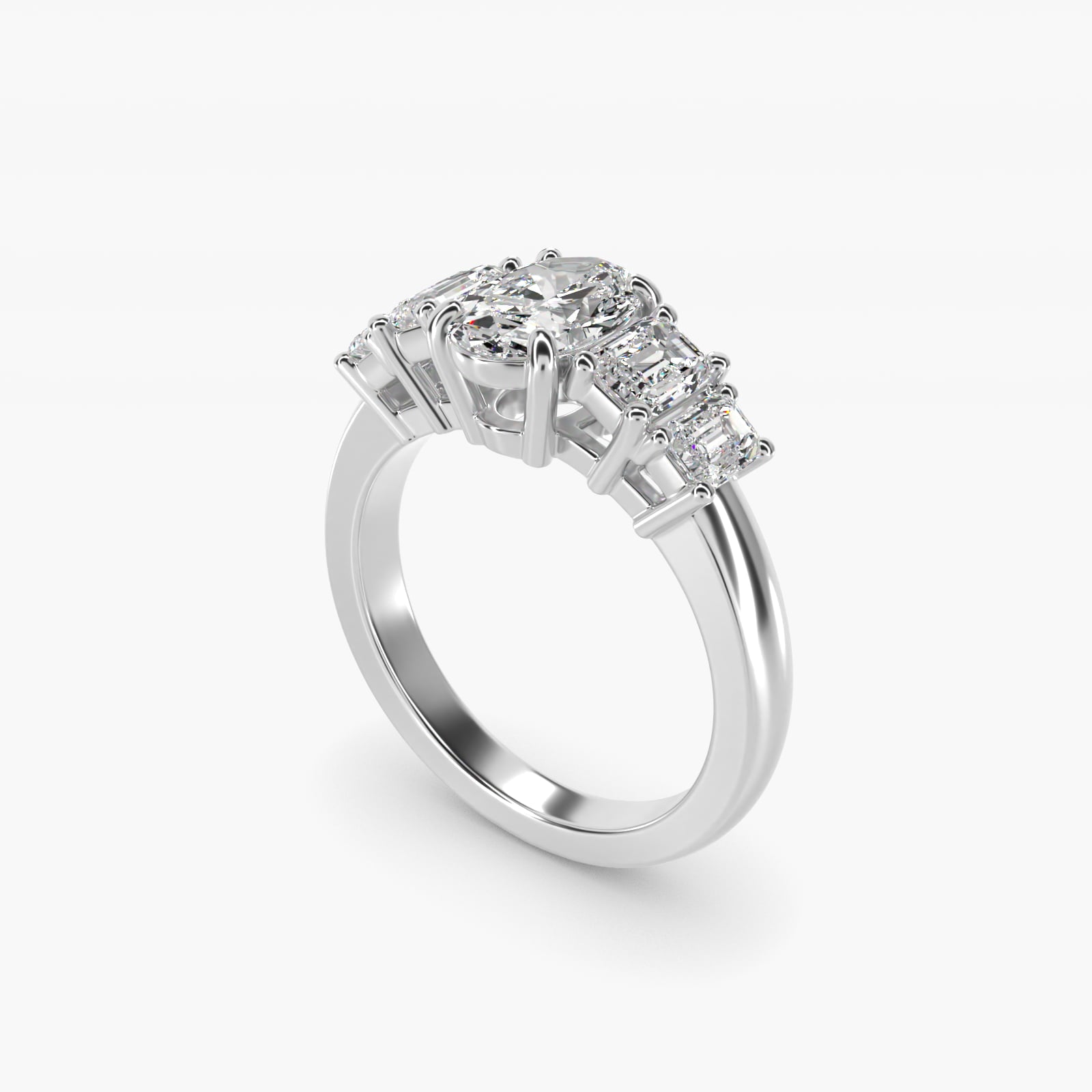 Four Stone Emerald Diamond Engagement Ring in 14k White Gold - Oval Center