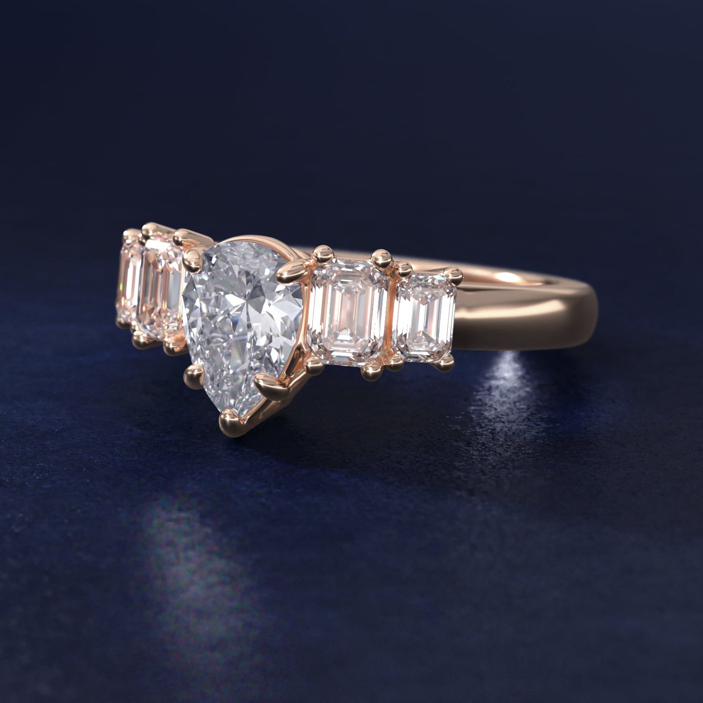 Four Stone Emerald Diamond Engagement Ring in 18k Rose Gold - Pear Center
