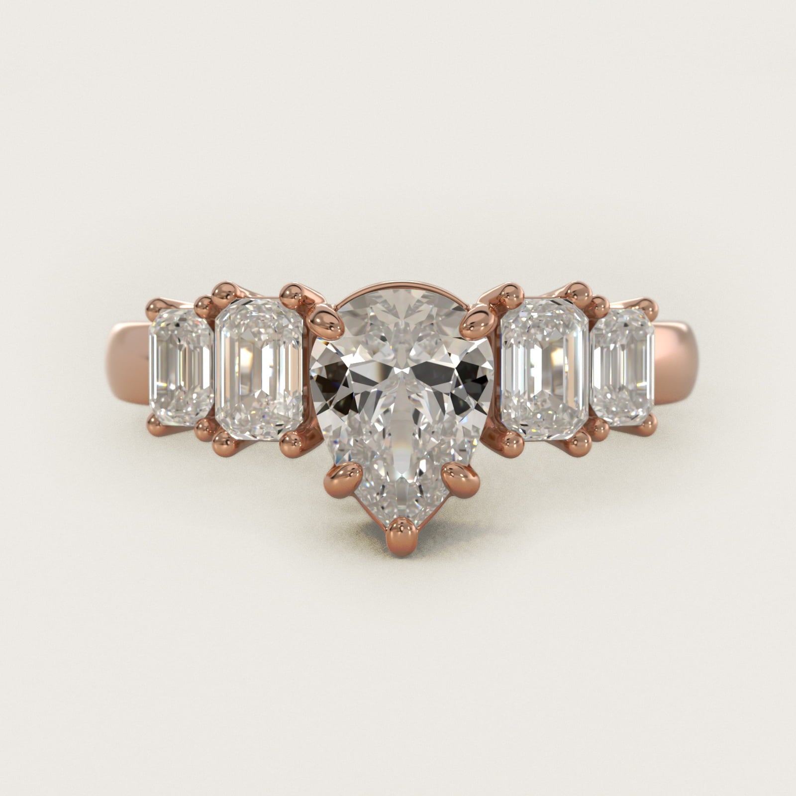 Four Stone Emerald Diamond Engagement Ring in 18k Rose Gold - Pear Center
