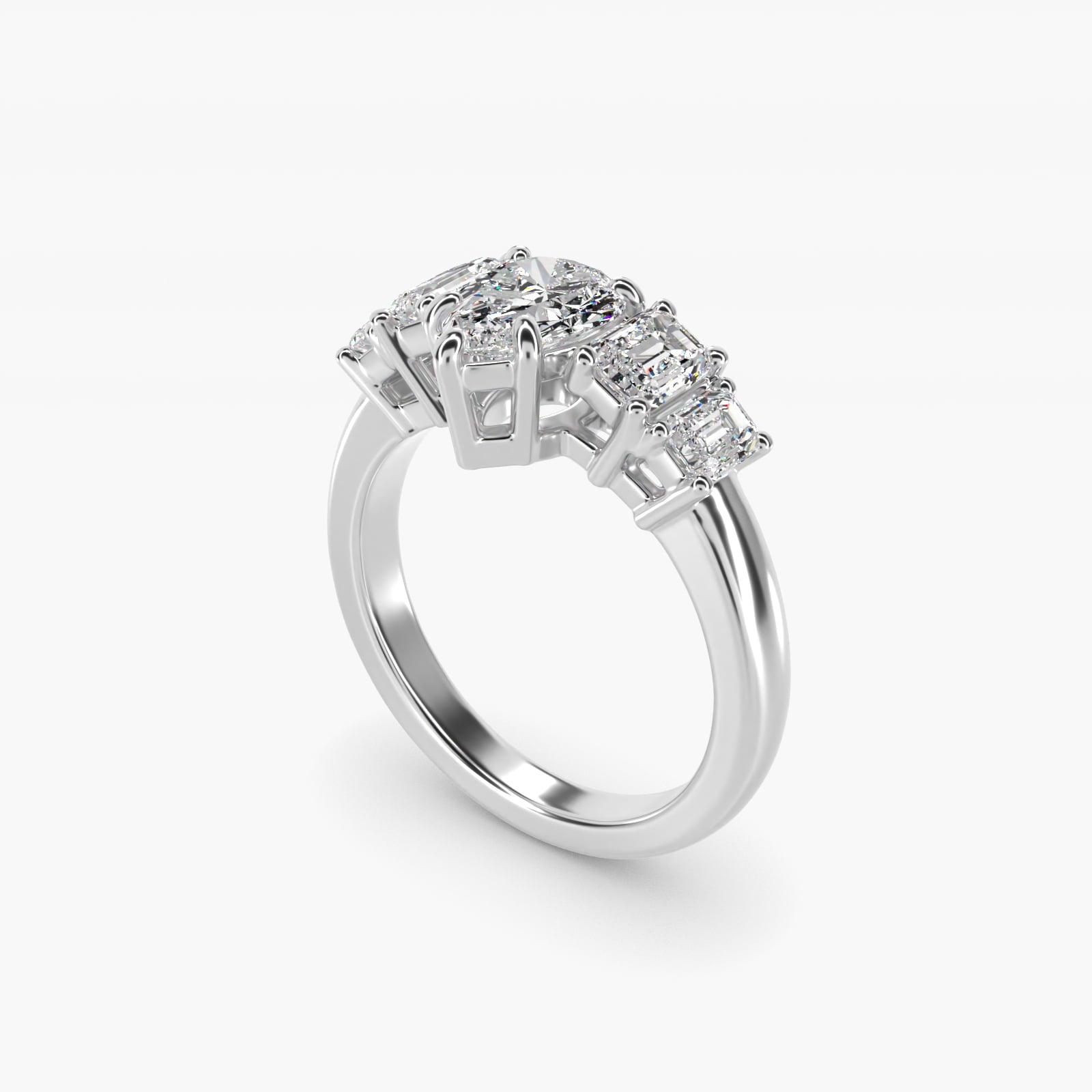 Four Stone Emerald Diamond Engagement Ring in 18k White Gold - Pear Center