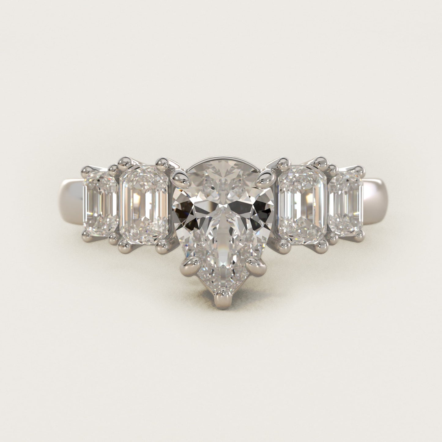 Four Stone Emerald Diamond Engagement Ring in 14k White Gold - Pear Center