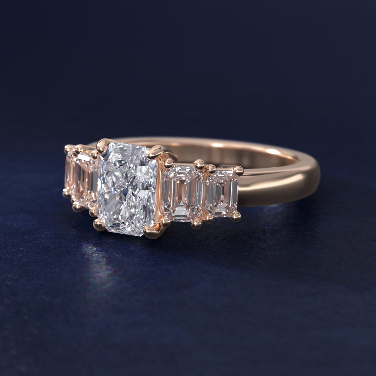 Four Stone Emerald Diamond Engagement Ring in 18k Rose Gold - Radiant Center