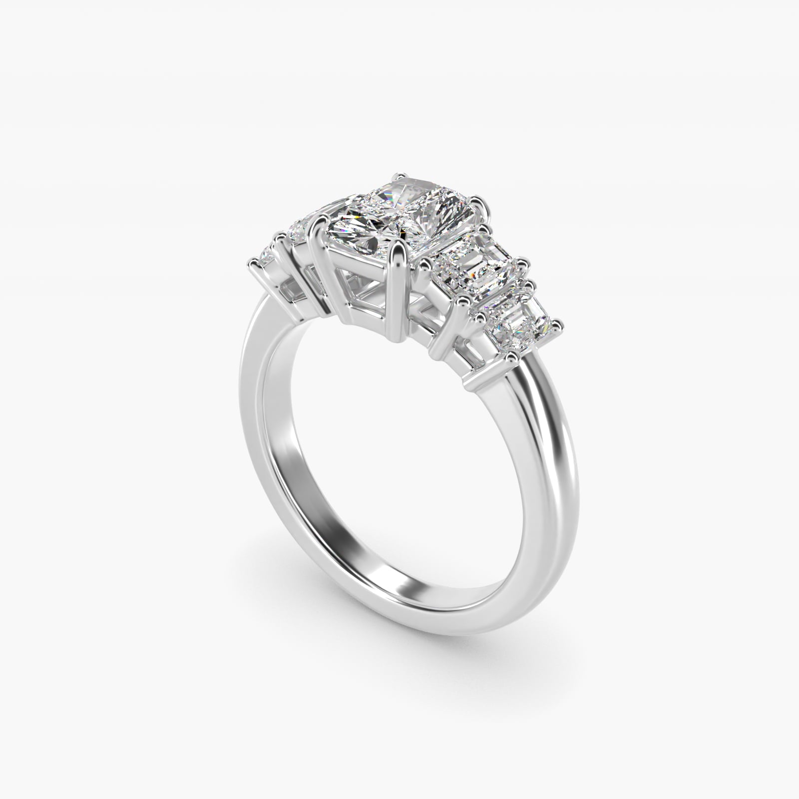 Four Stone Emerald Diamond Engagement Ring in 18k White Gold - Radiant Center