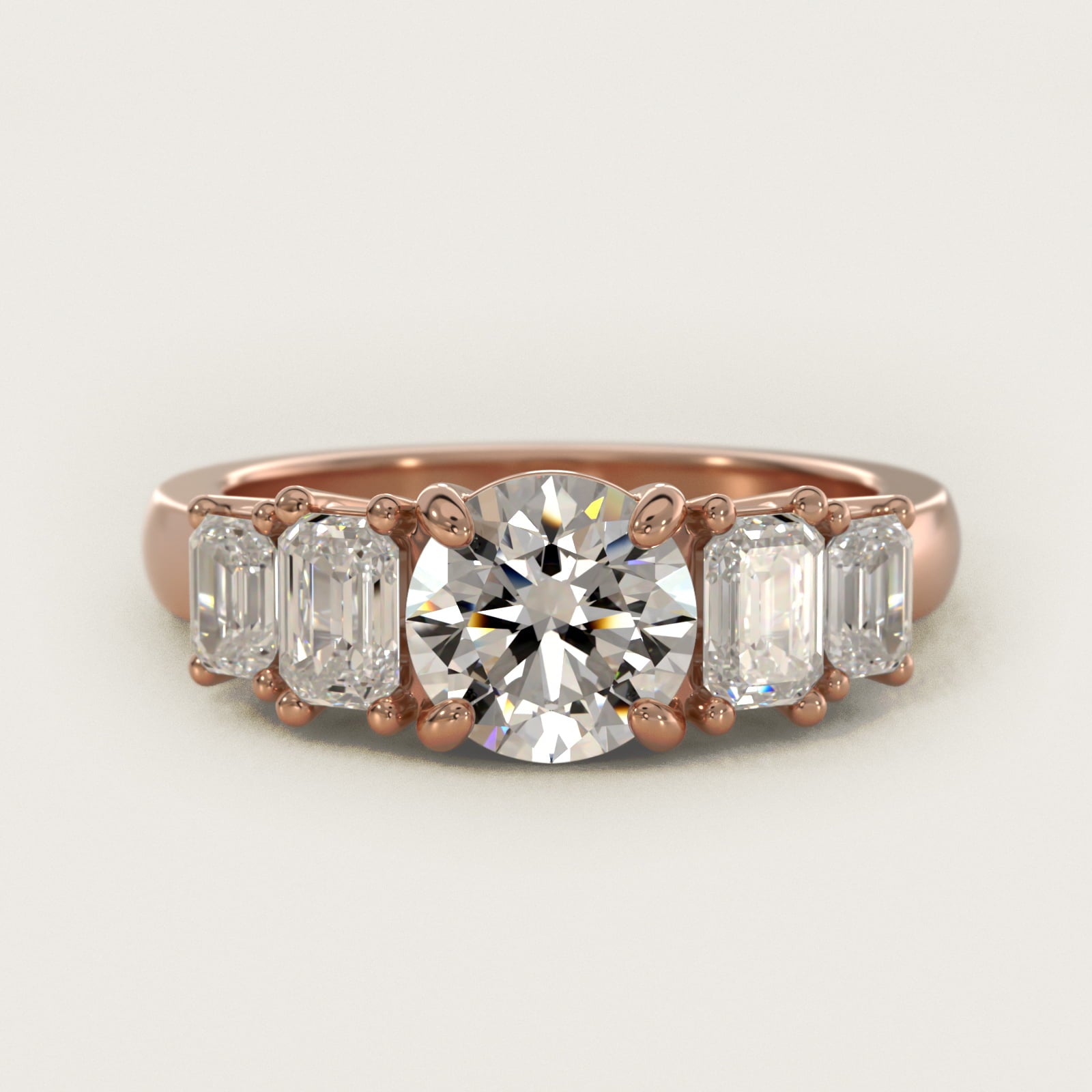 Four Stone Emerald Diamond Engagement Ring in 14k Rose Gold - Round Center
