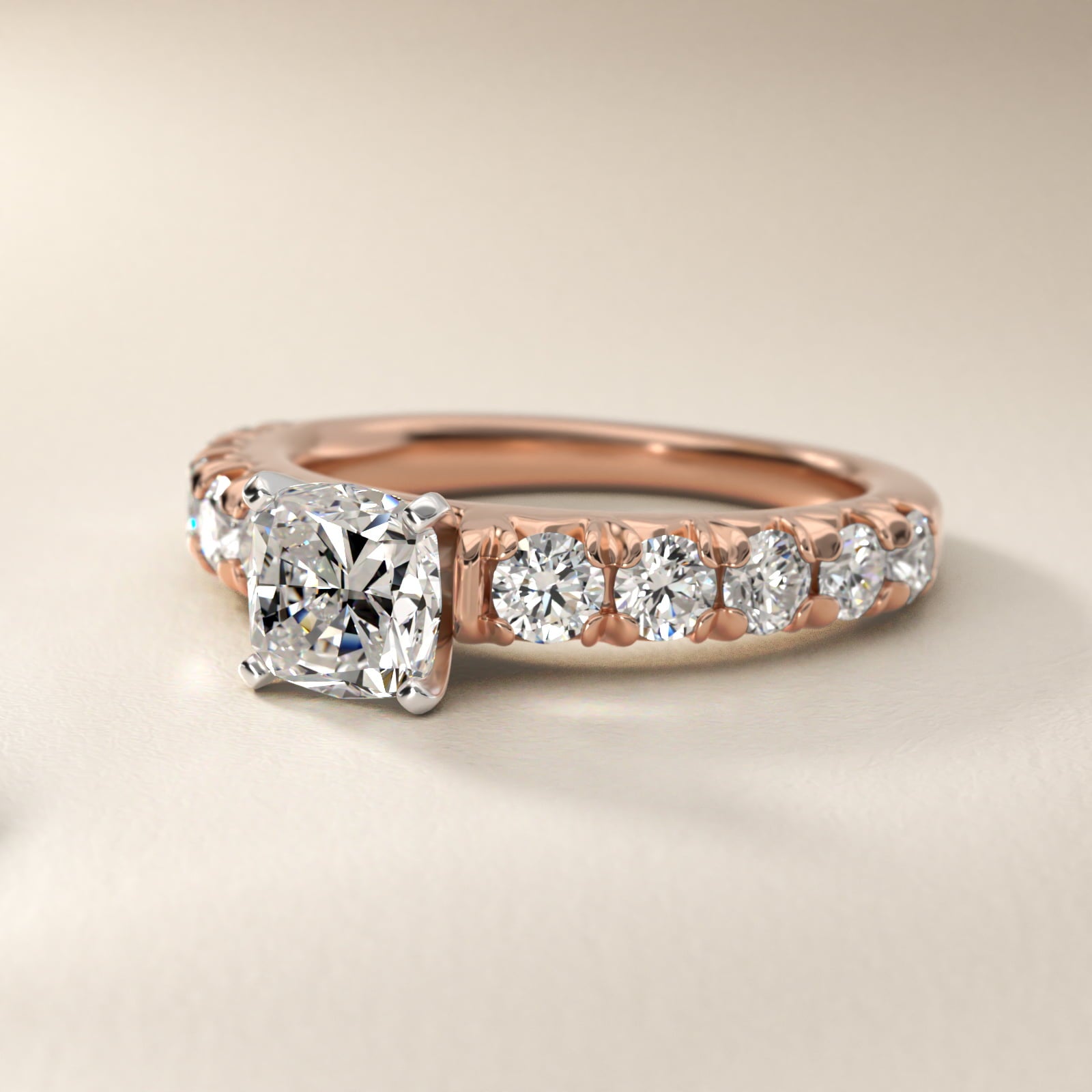 French PavŽ Diamond Engagement Ring in 18k Rose Gold (1 ct. tw.) - Cushion Center