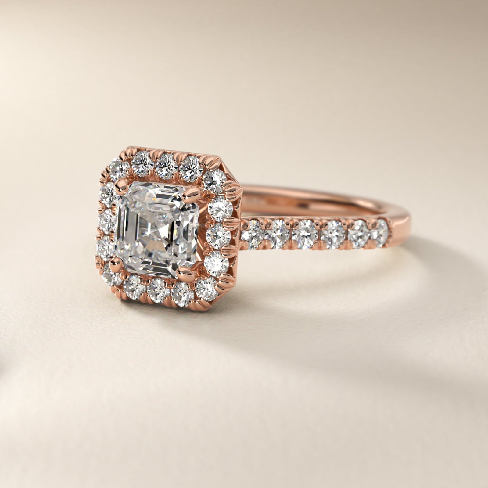 French PavŽ Diamond Halo Engagement Ring in 14k Rose Gold (1/2 ct. tw.) - Asscher Center