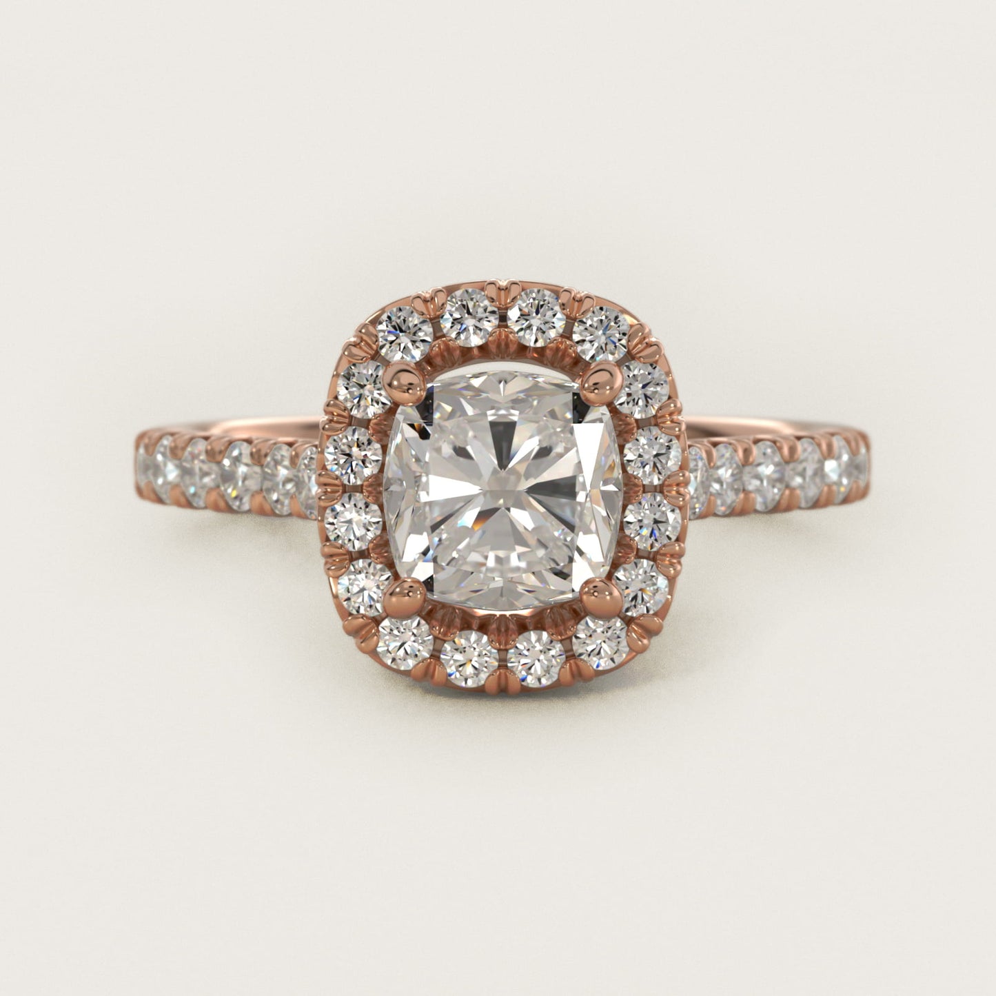 French PavŽ Diamond Halo Engagement Ring in 14k Rose Gold (1/2 ct. tw.) - Cushion Center
