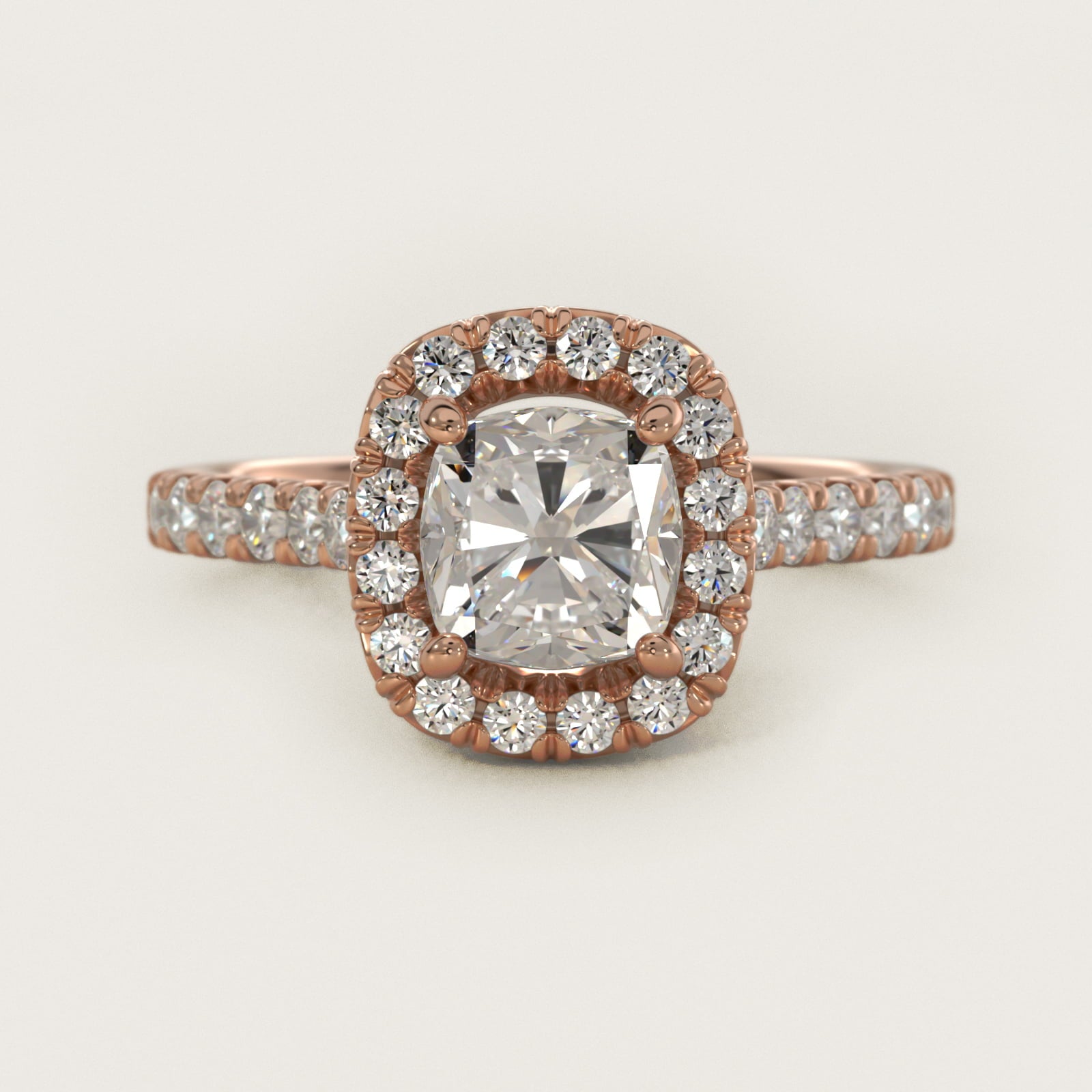 French PavŽ Diamond Halo Engagement Ring in 14k Rose Gold (1/2 ct. tw.) - Cushion Center