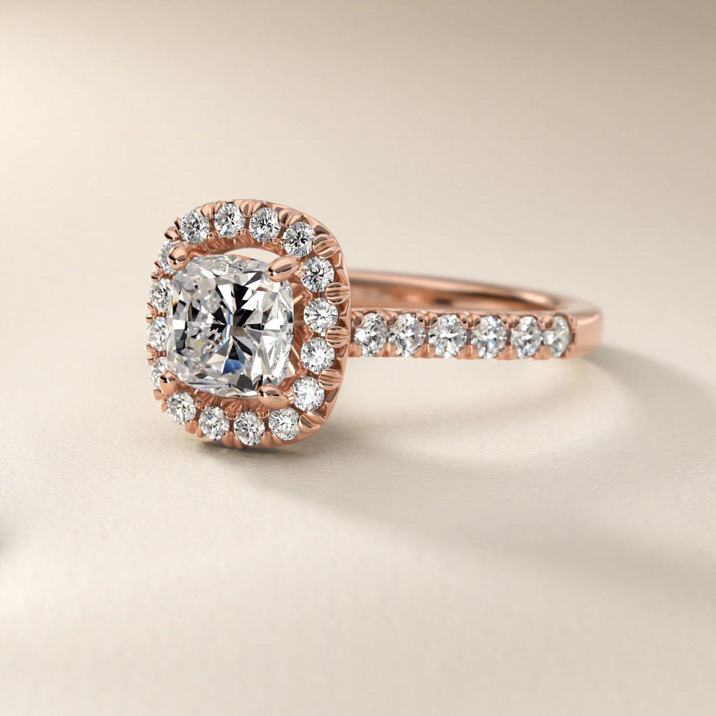 French PavŽ Diamond Halo Engagement Ring in 14k Rose Gold (1/2 ct. tw.) - Cushion Center