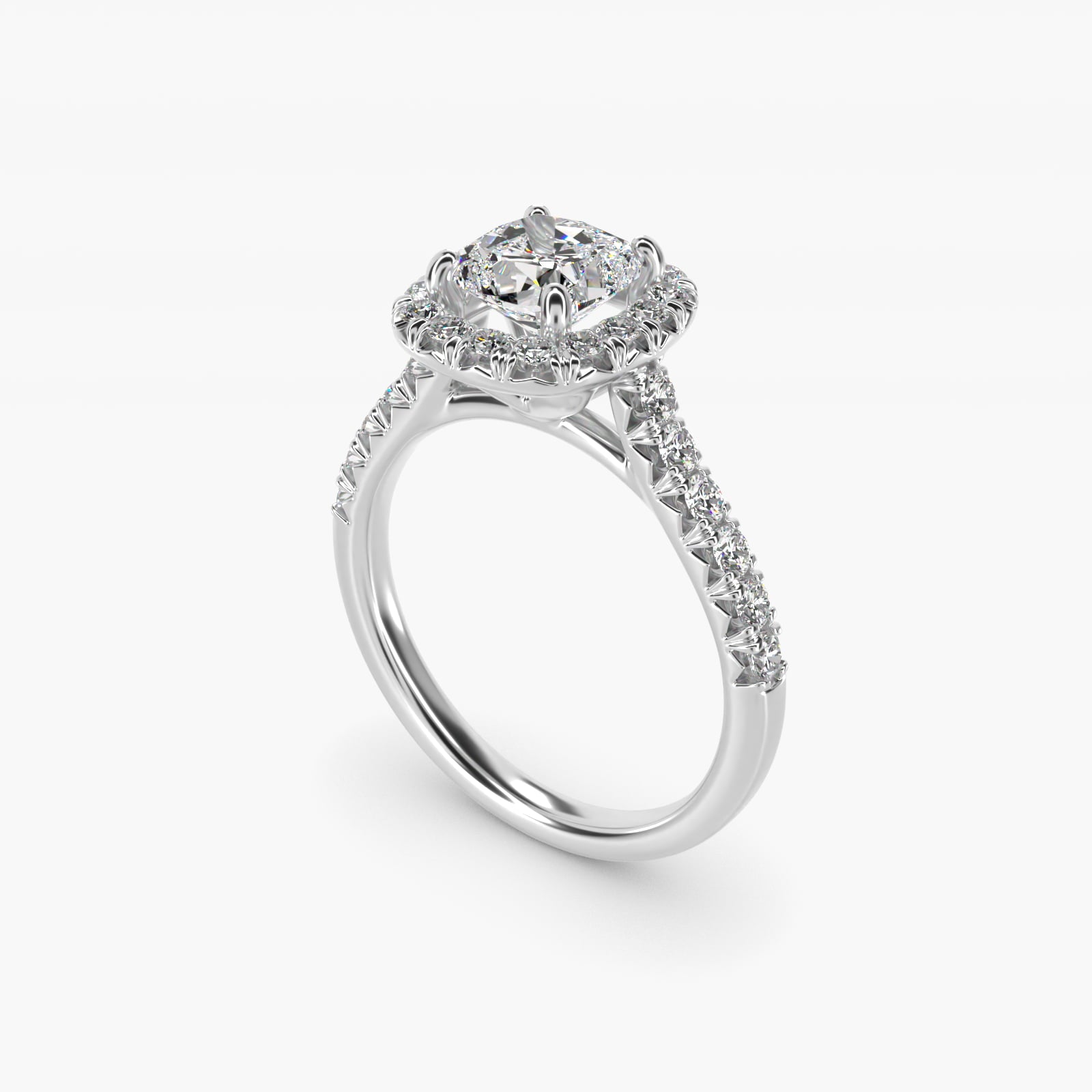 French PavŽ Diamond Halo Engagement Ring in 14k White Gold (1/2 ct. tw.) - Cushion Center
