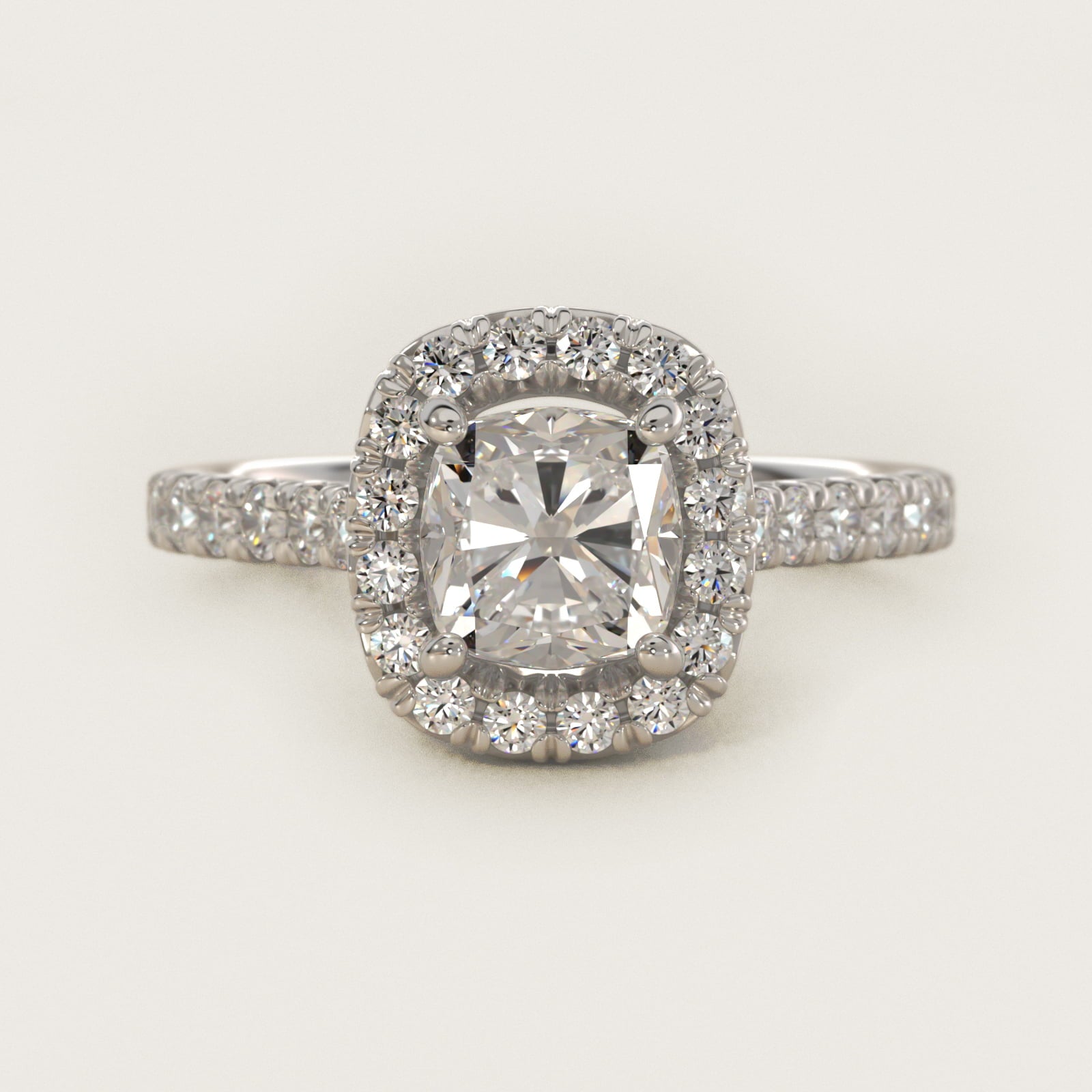 French PavŽ Diamond Halo Engagement Ring in 14k White Gold (1/2 ct. tw.) - Cushion Center