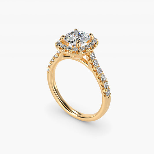French Pav? Diamond Halo Engagement Ring in 18k Yellow Gold (1/2 ct. tw.) - Cushion Center