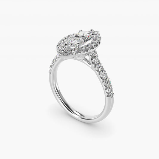 French Pav? Diamond Halo Engagement Ring in 18k White Gold (1/2 ct. tw.) - Marquise Center