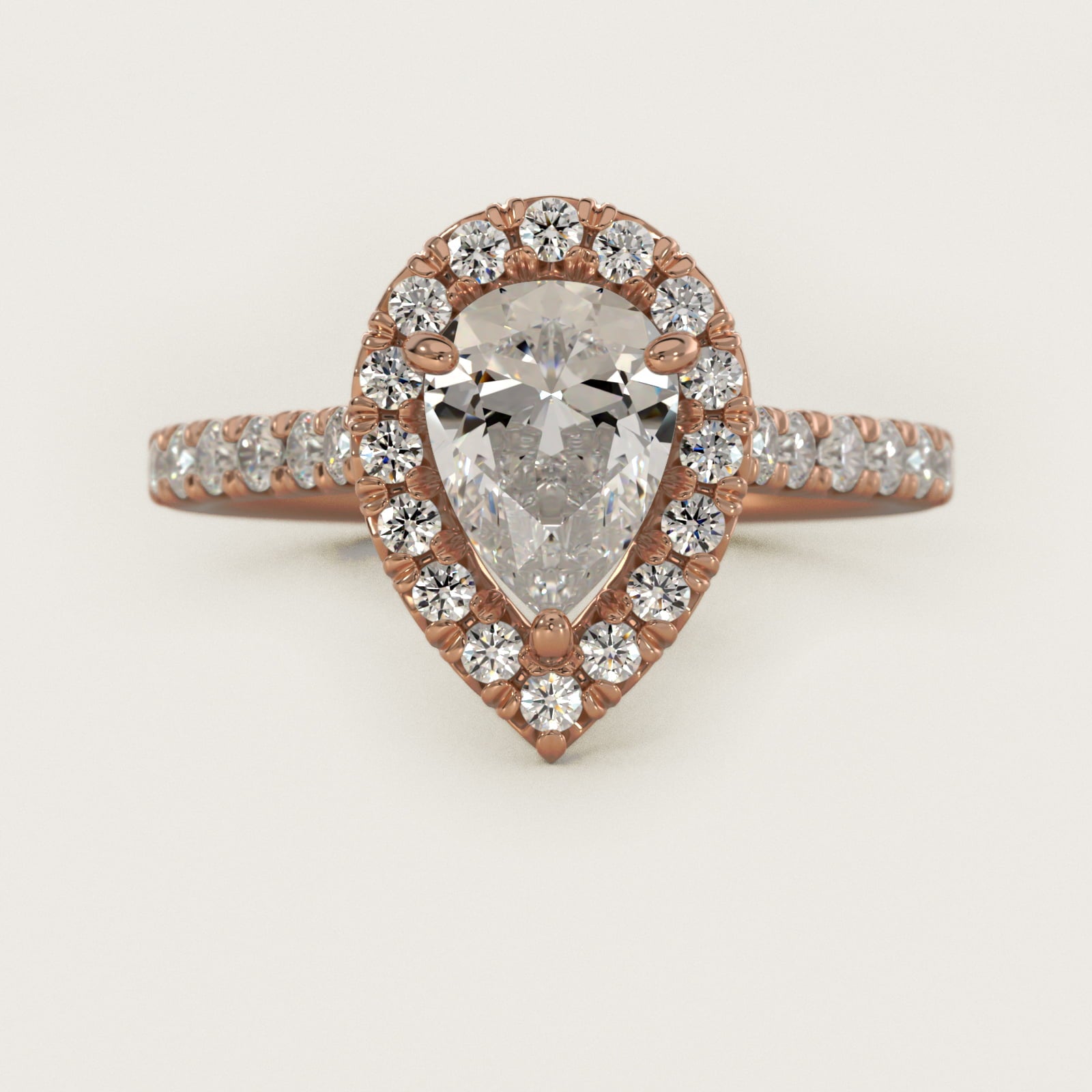 French PavŽ Diamond Halo Engagement Ring in 14k Rose Gold (1/2 ct. tw.) - Pear Center
