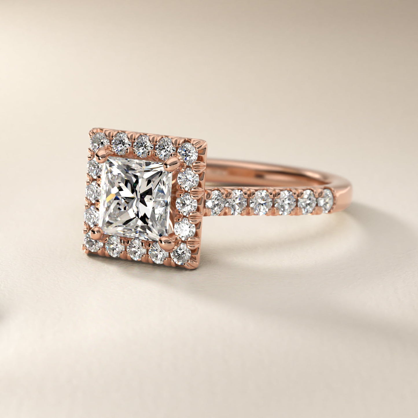French PavŽ Diamond Halo Engagement Ring in 14k Rose Gold (1/2 ct. tw.) - Princess Center
