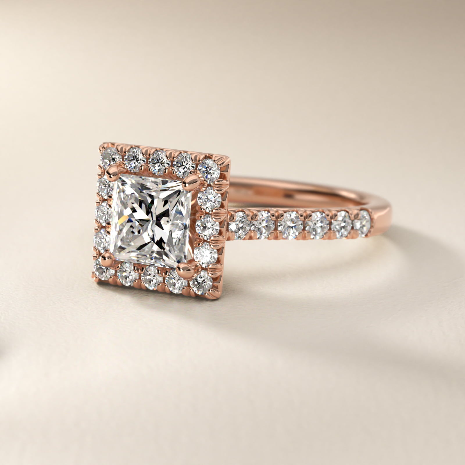 French Pav? Diamond Halo Engagement Ring in 18k Rose Gold (1/2 ct. tw.) - Princess Center