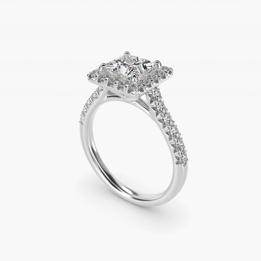 French Pav? Diamond Halo Engagement Ring in 18k White Gold (1/2 ct. tw.) - Princess Center