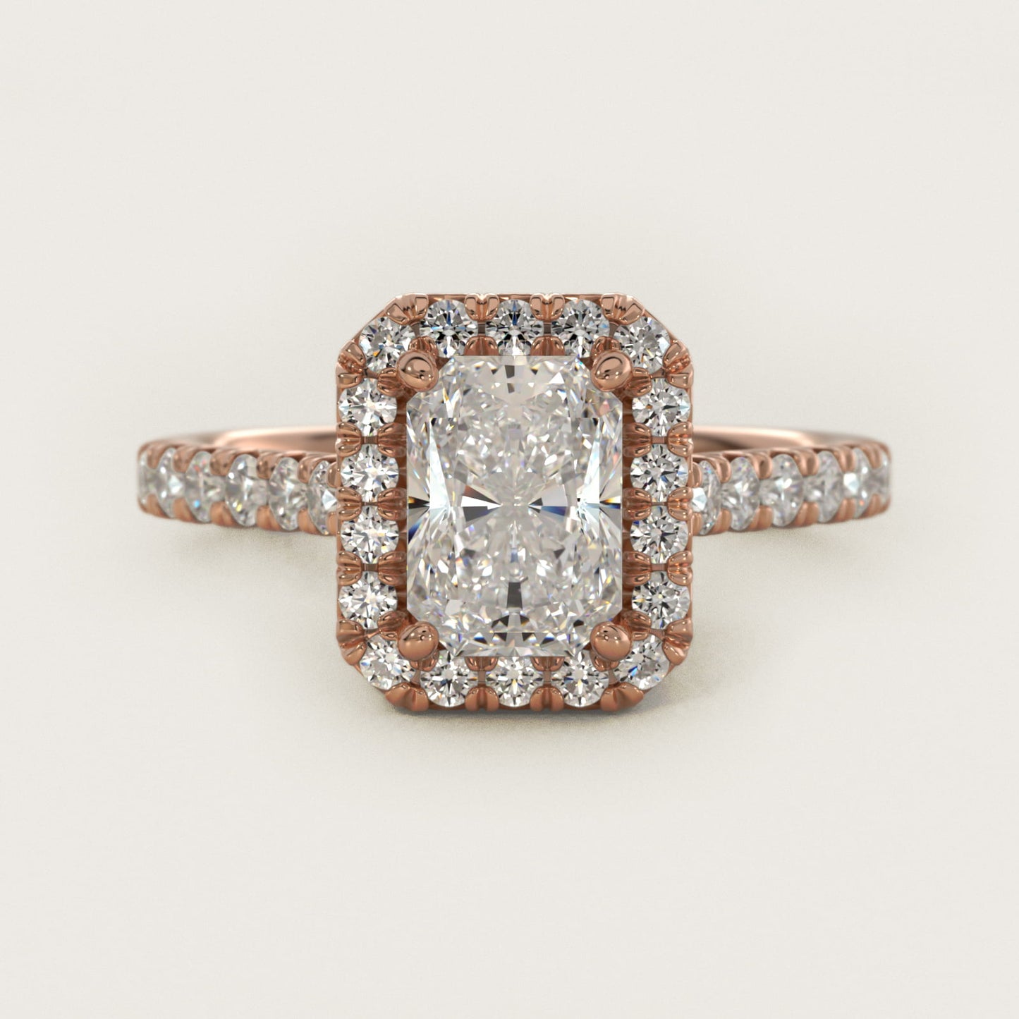 French PavŽ Diamond Halo Engagement Ring in 14k Rose Gold (1/2 ct. tw.) - Radiant Center