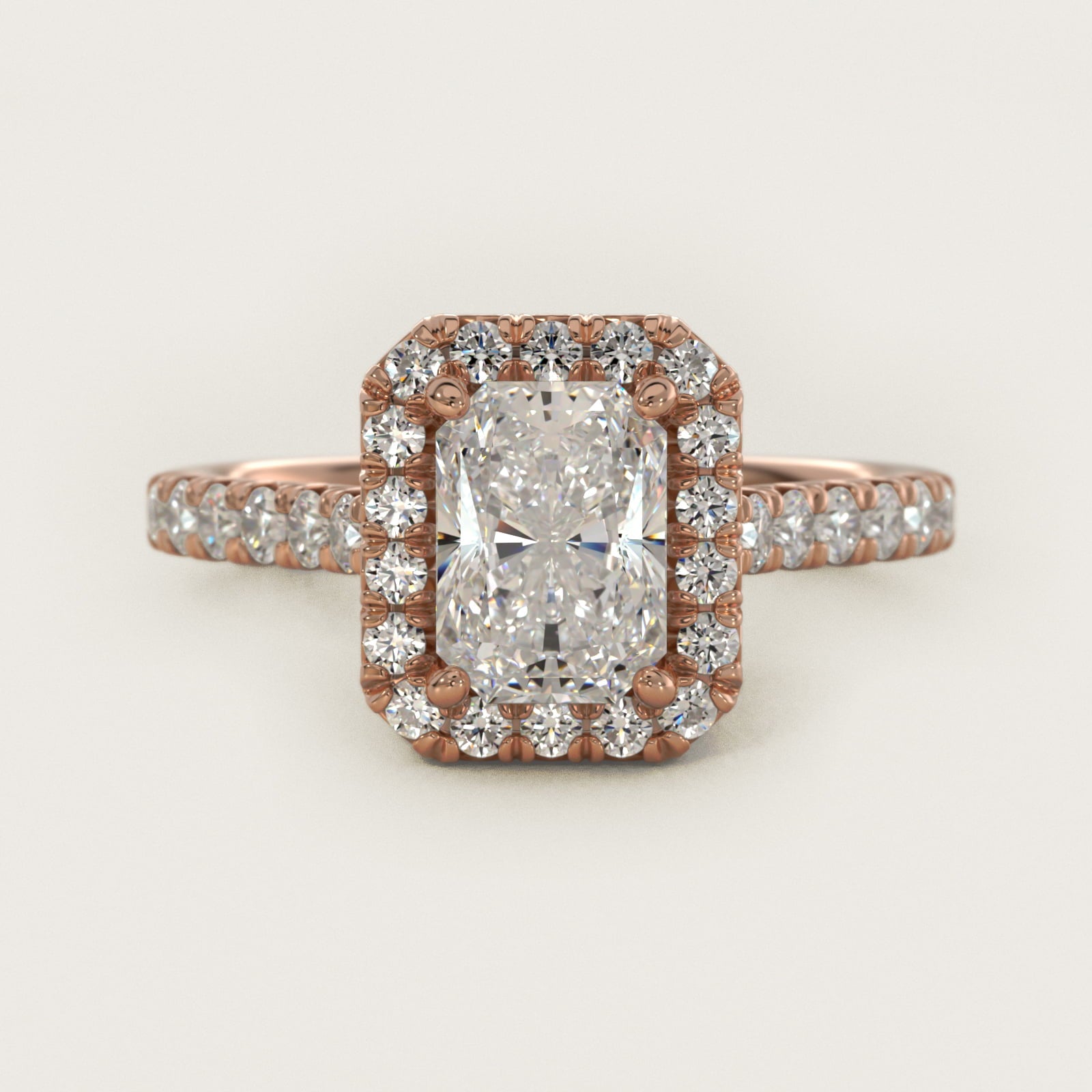 French Pav? Diamond Halo Engagement Ring in 18k Rose Gold (1/2 ct. tw.) - Radiant Center