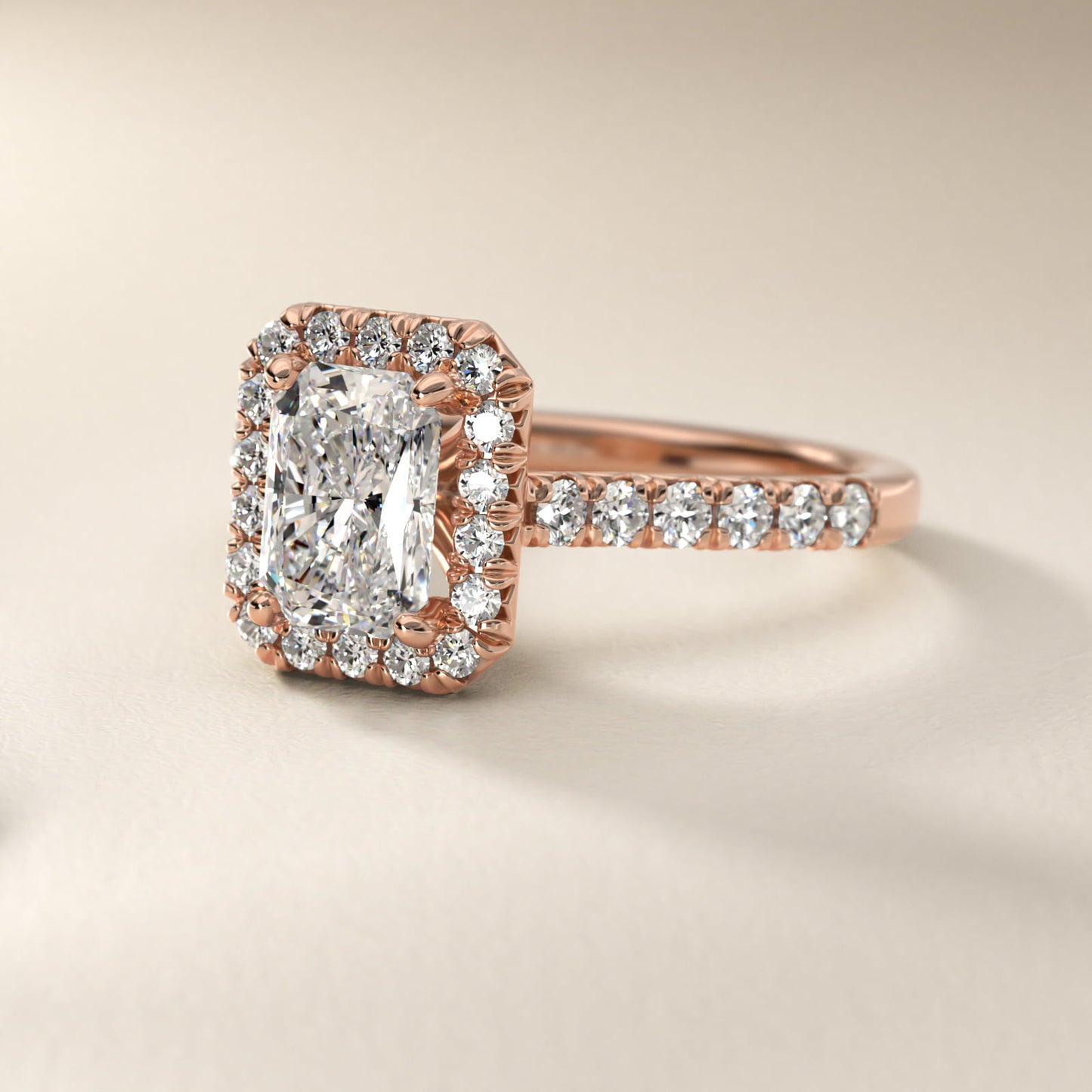 French Pav? Diamond Halo Engagement Ring in 18k Rose Gold (1/2 ct. tw.) - Radiant Center