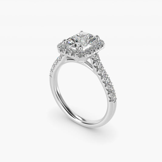 French PavŽ Diamond Halo Engagement Ring in 14k White Gold (1/2 ct. tw.) - Radiant Center