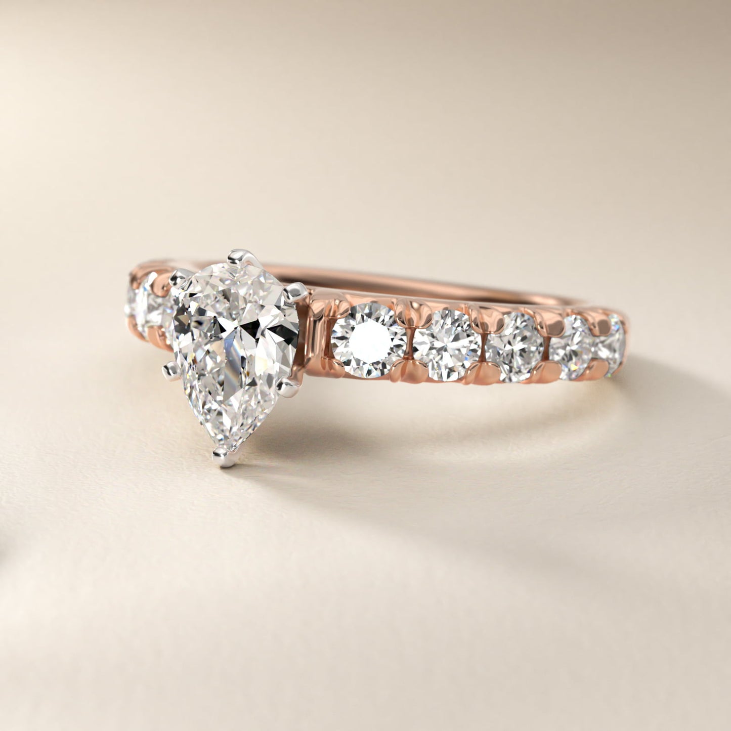 French PavŽ Diamond Engagement Ring in 18k Rose Gold (1 ct. tw.) - Pear Center