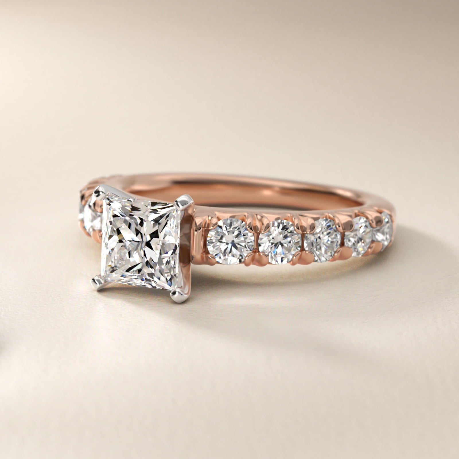 French PavŽ Diamond Engagement Ring in 18k Rose Gold (1 ct. tw.) - Princess Center