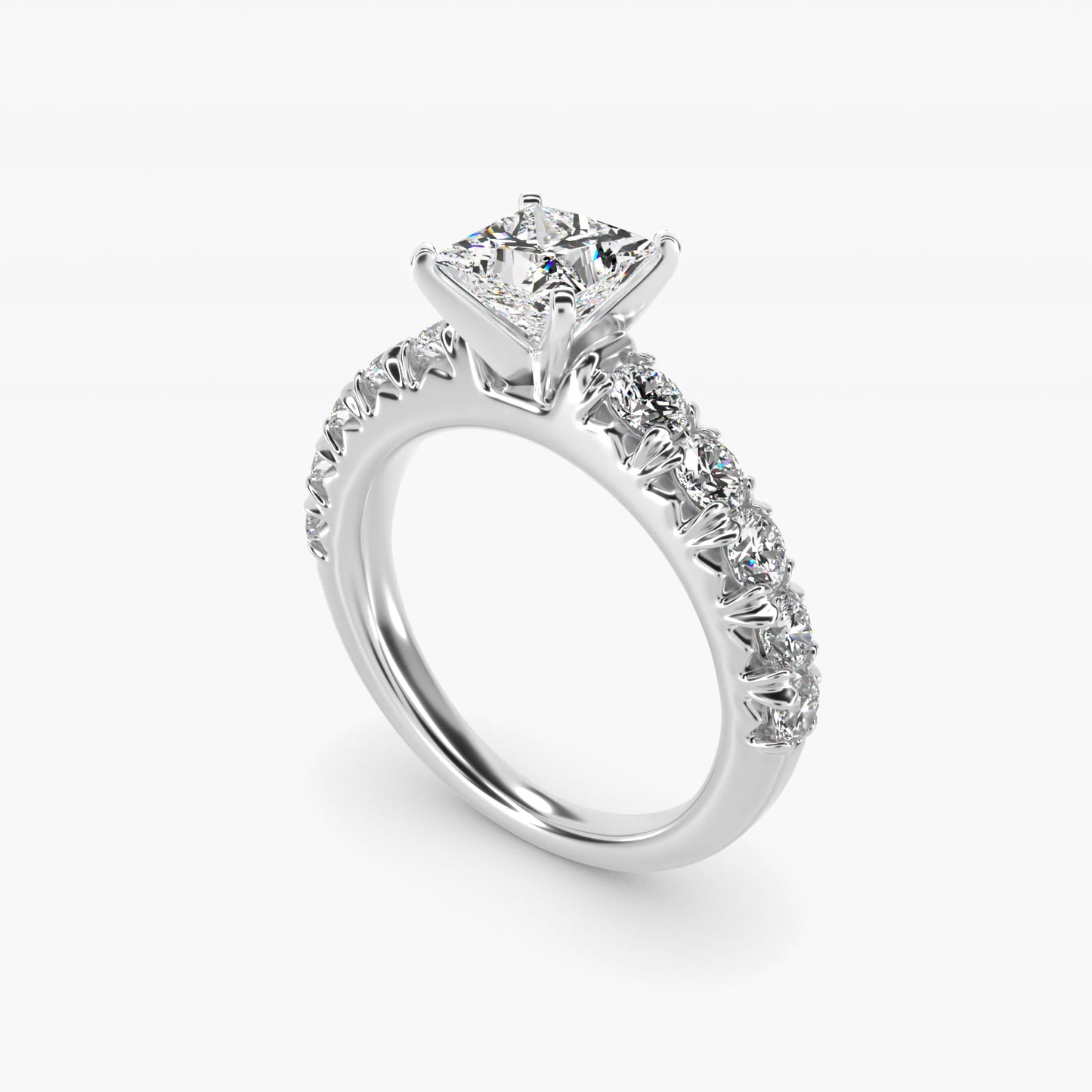 French PavŽ Diamond Engagement Ring in 18k White Gold (1 ct. tw.) - Princess Center