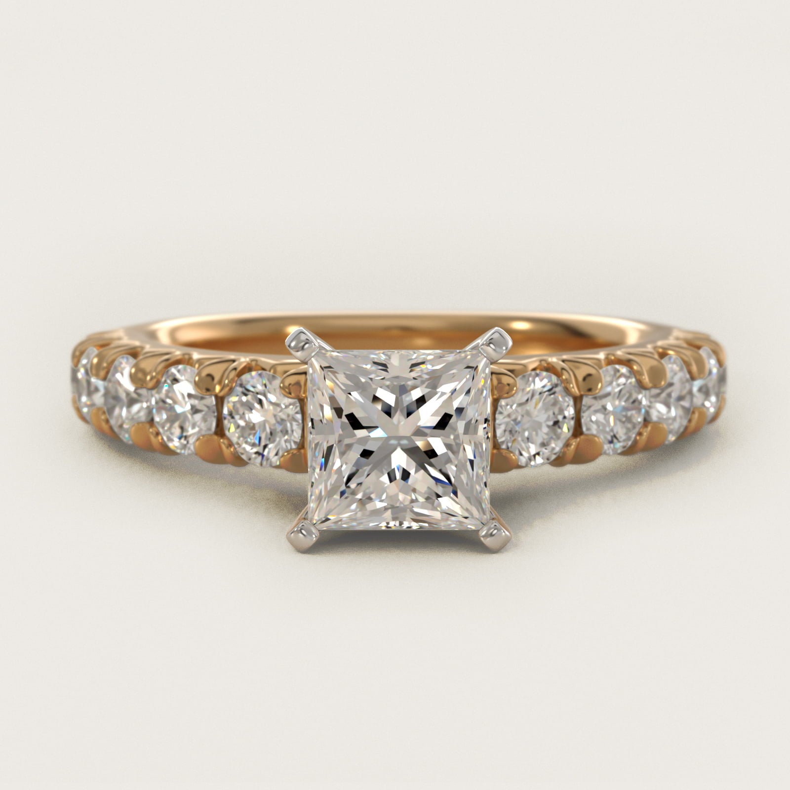 French PavŽ Diamond Engagement Ring in 18k Yellow Gold (1 ct. tw.) - Princess Center