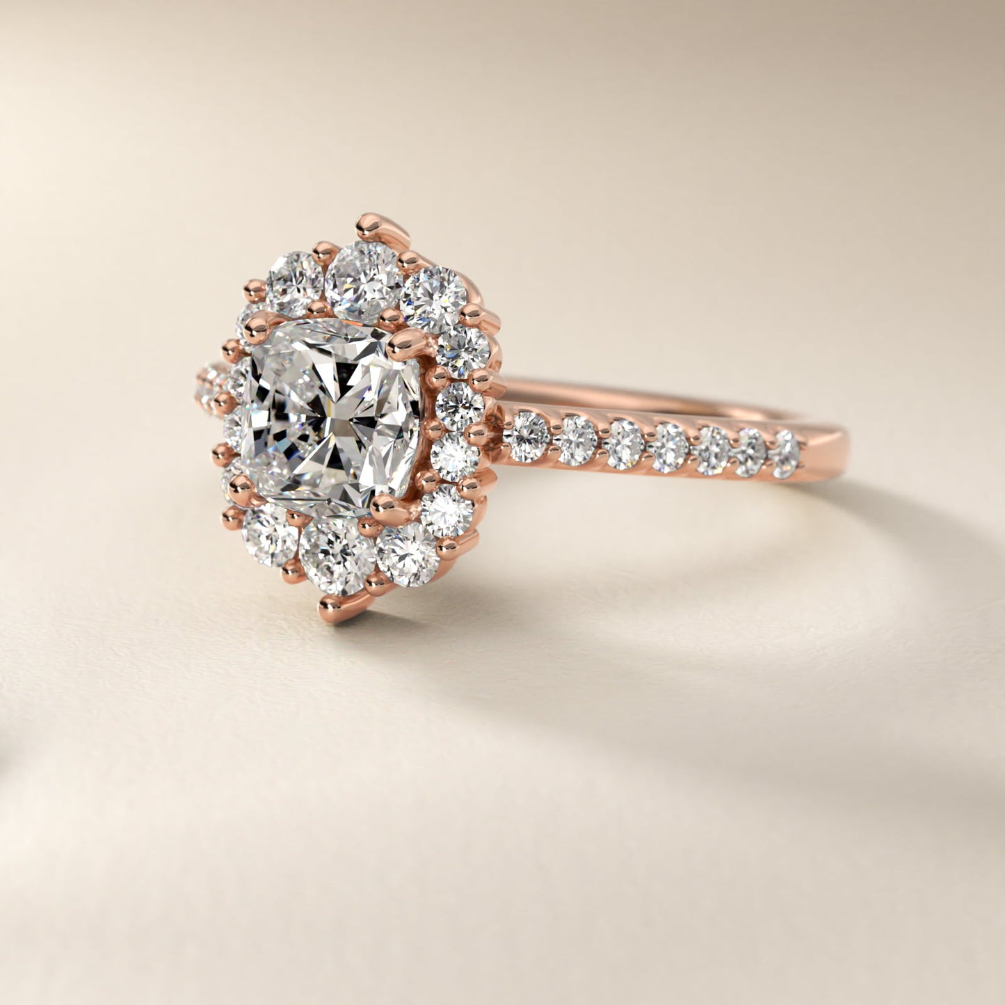 Graduated Diamond Halo Engagement Ring In 14K Rose Gold By James Allen - Cushion Center