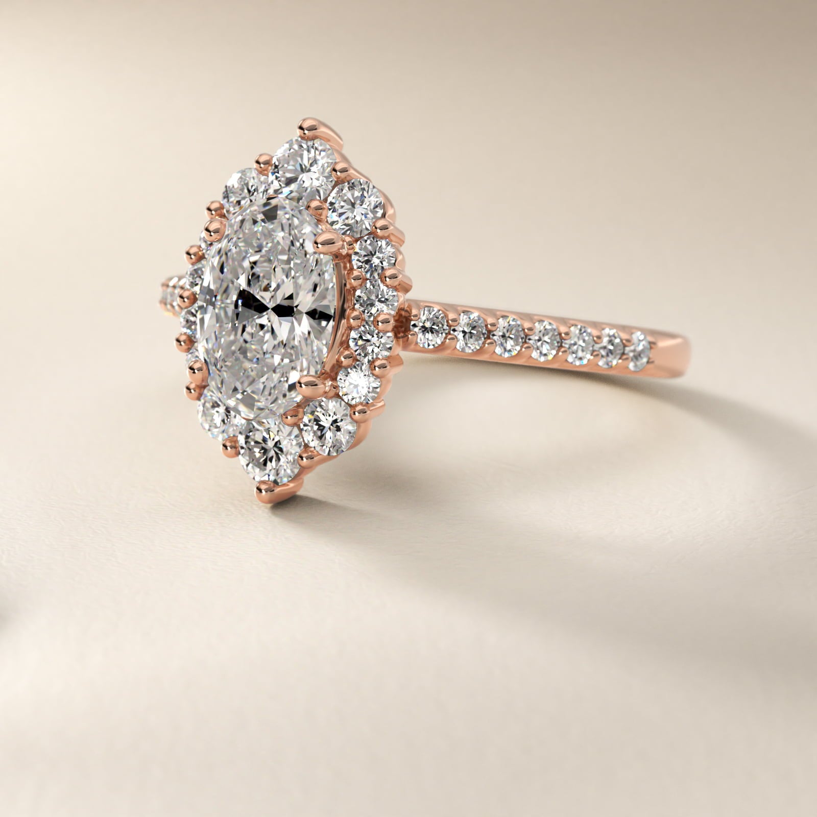 Graduated Diamond Halo Engagement Ring In 14K Rose Gold By James Allen - Oval Center