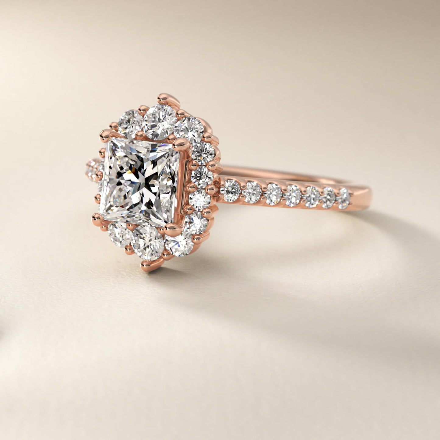 Graduated Diamond Halo Engagement Ring In 14K Rose Gold By James Allen - Princess Center