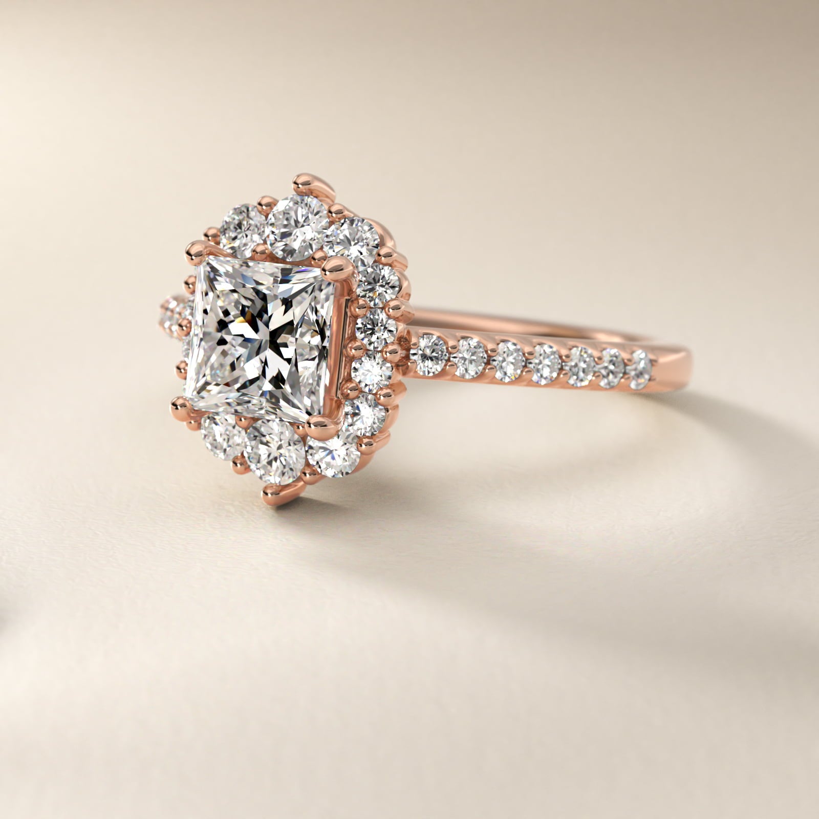 Graduated Diamond Halo Engagement Ring In 14K Rose Gold By James Allen - Princess Center