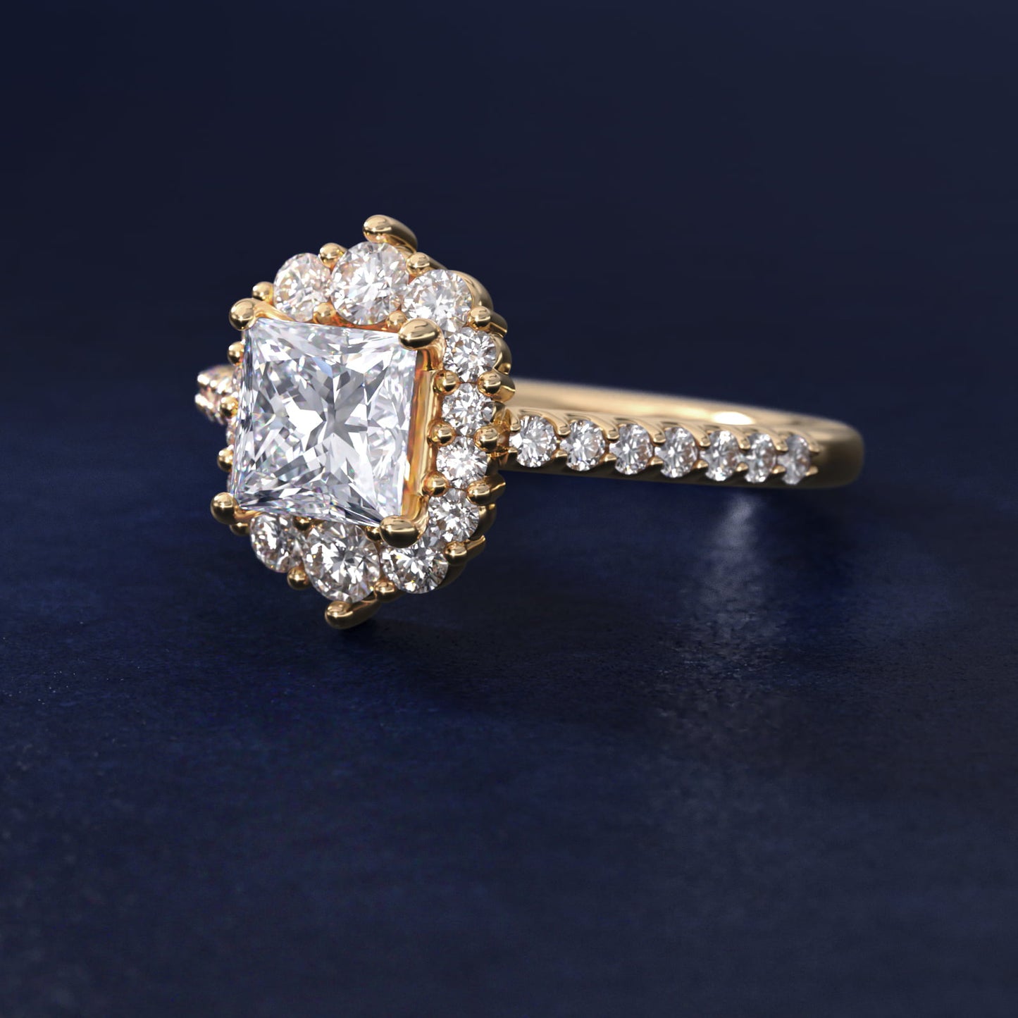 Graduated Diamond Halo Engagement Ring In 14K Yellow Gold By James Allen - Princess Center